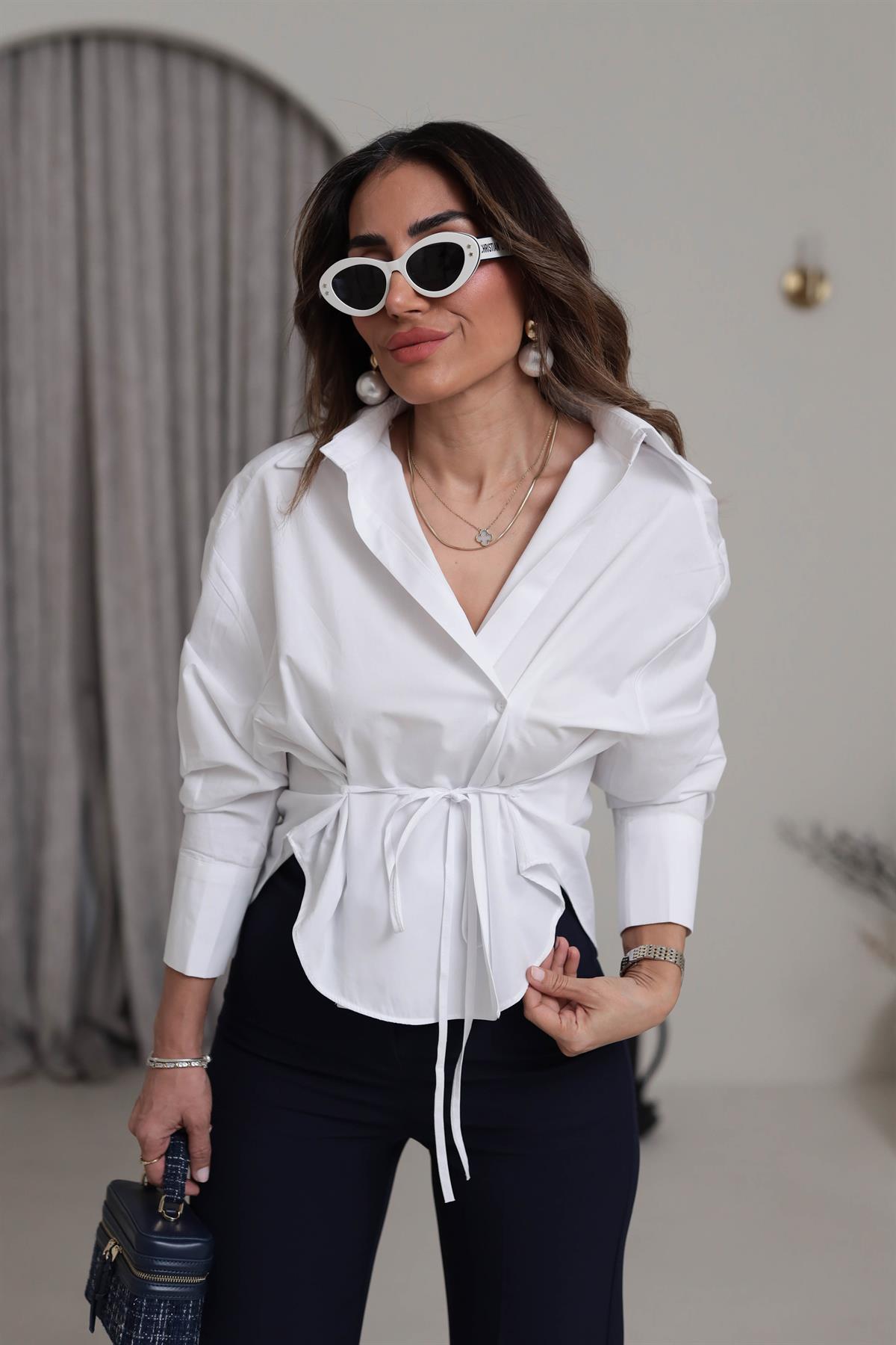 Bel Bağlama Detaylı Oversize Poplin Gömlek BEYAZ