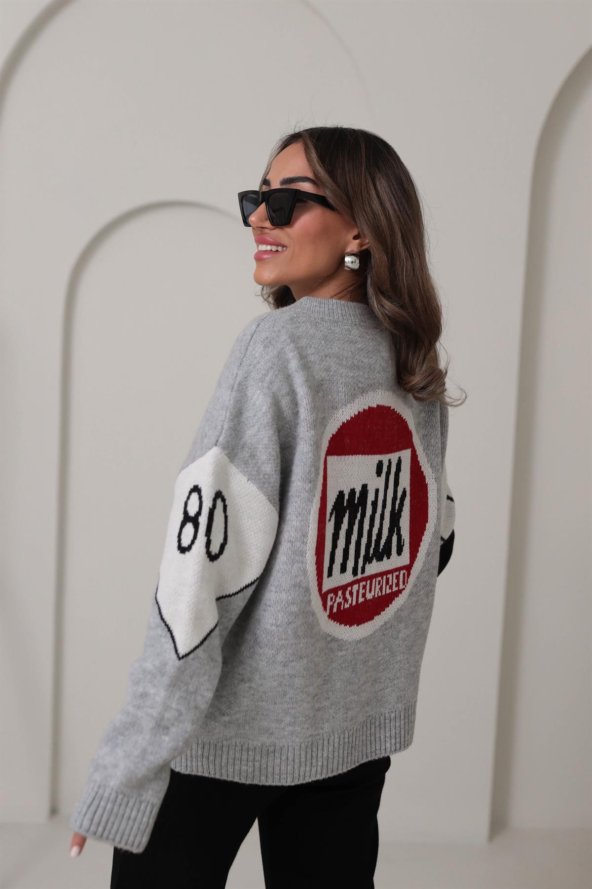 2384 Tasarım Yazı Detaylı Hırka Ceket GRİ