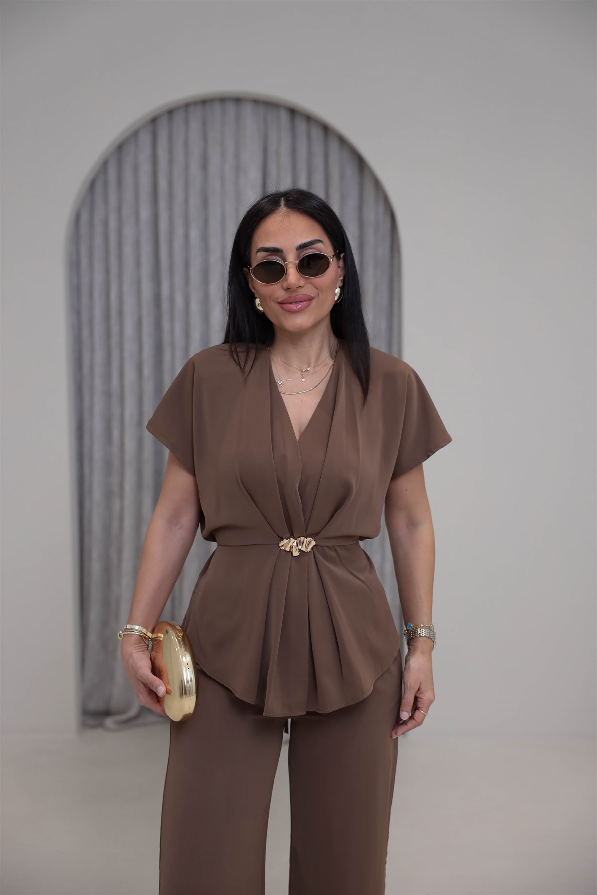 7286 Vatkalı Önü Aksesuarlı Takım KAHVE