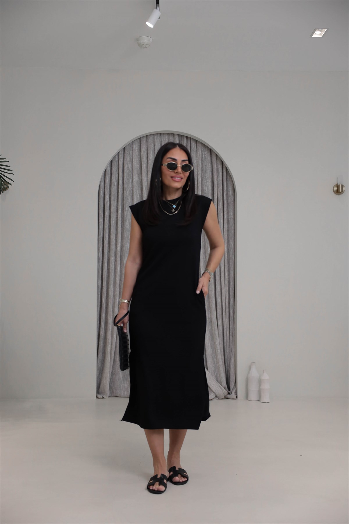 4254 Kol Detaylı Modal Rahat Elbise SİYAH