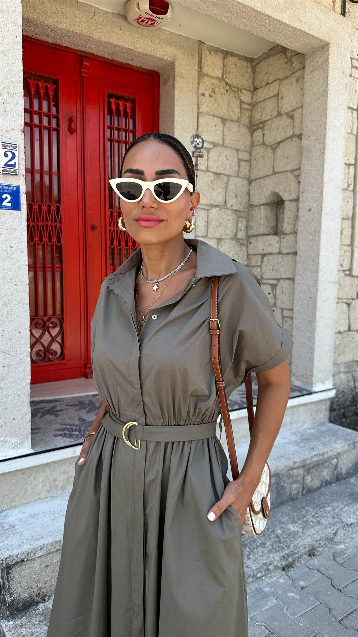 9679 Kemerli Kısa Kol Gömlek Elbise