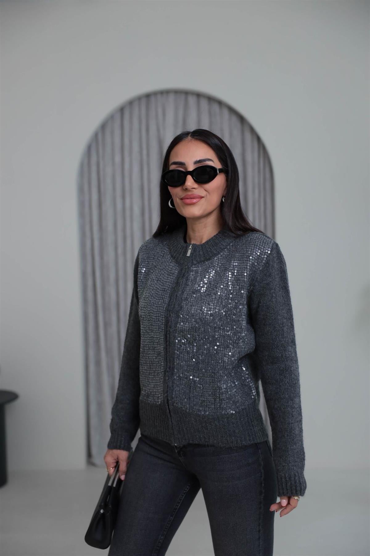 2570 Önü Pul İşlemeli Fermuarlı Hırka ANTRASİT