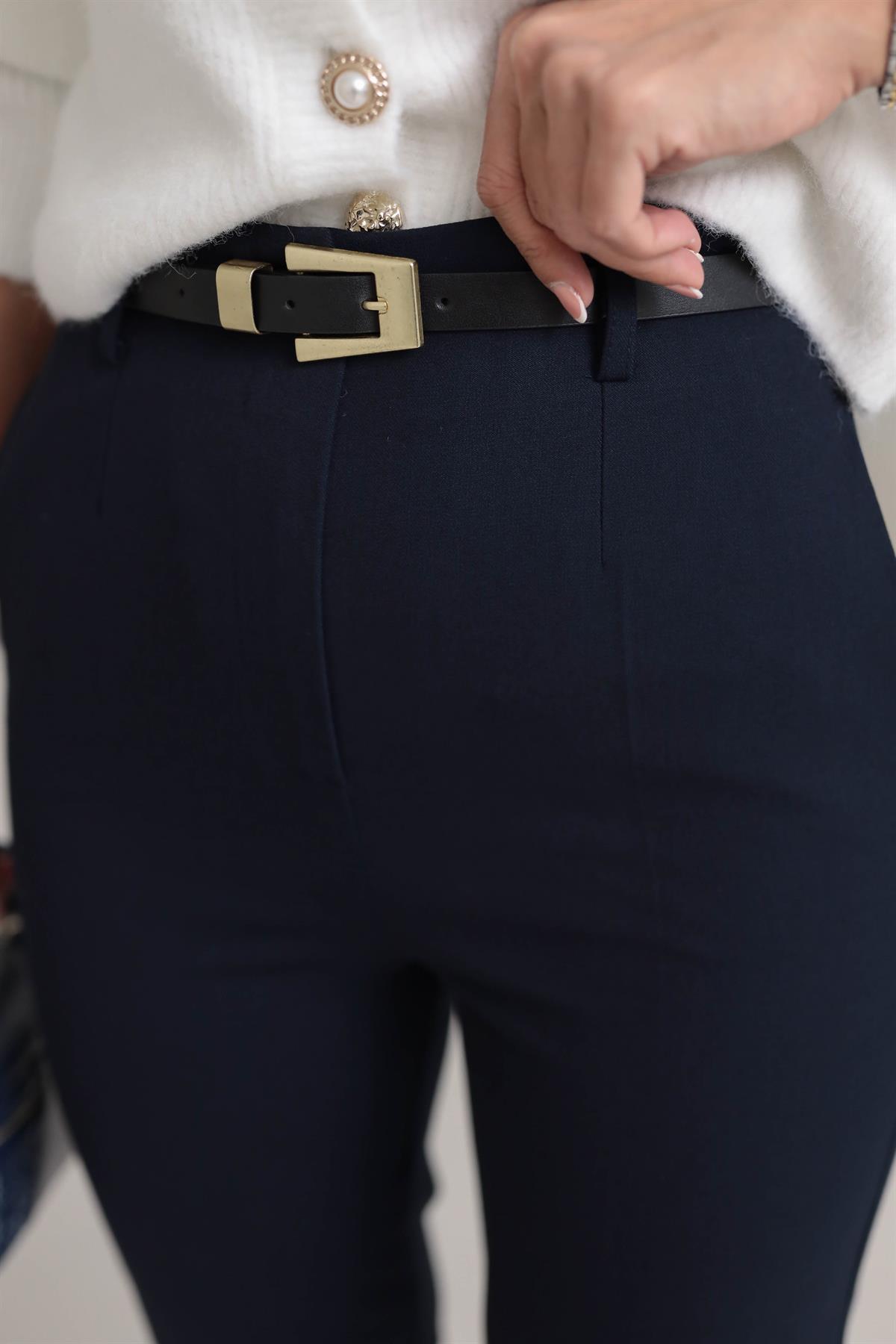 1293 Kemerli Yüksek Bel Havuç Pantolon LACİVERT