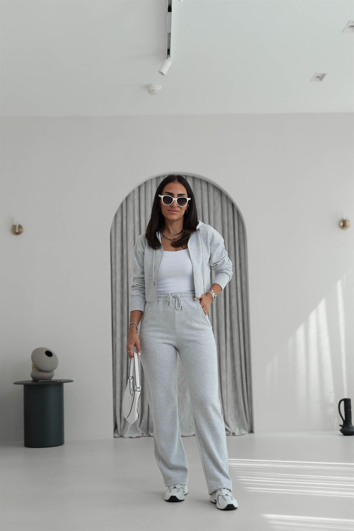 2331 Selanik Kumaş Fermuarlı Ceketli Takım GRİ