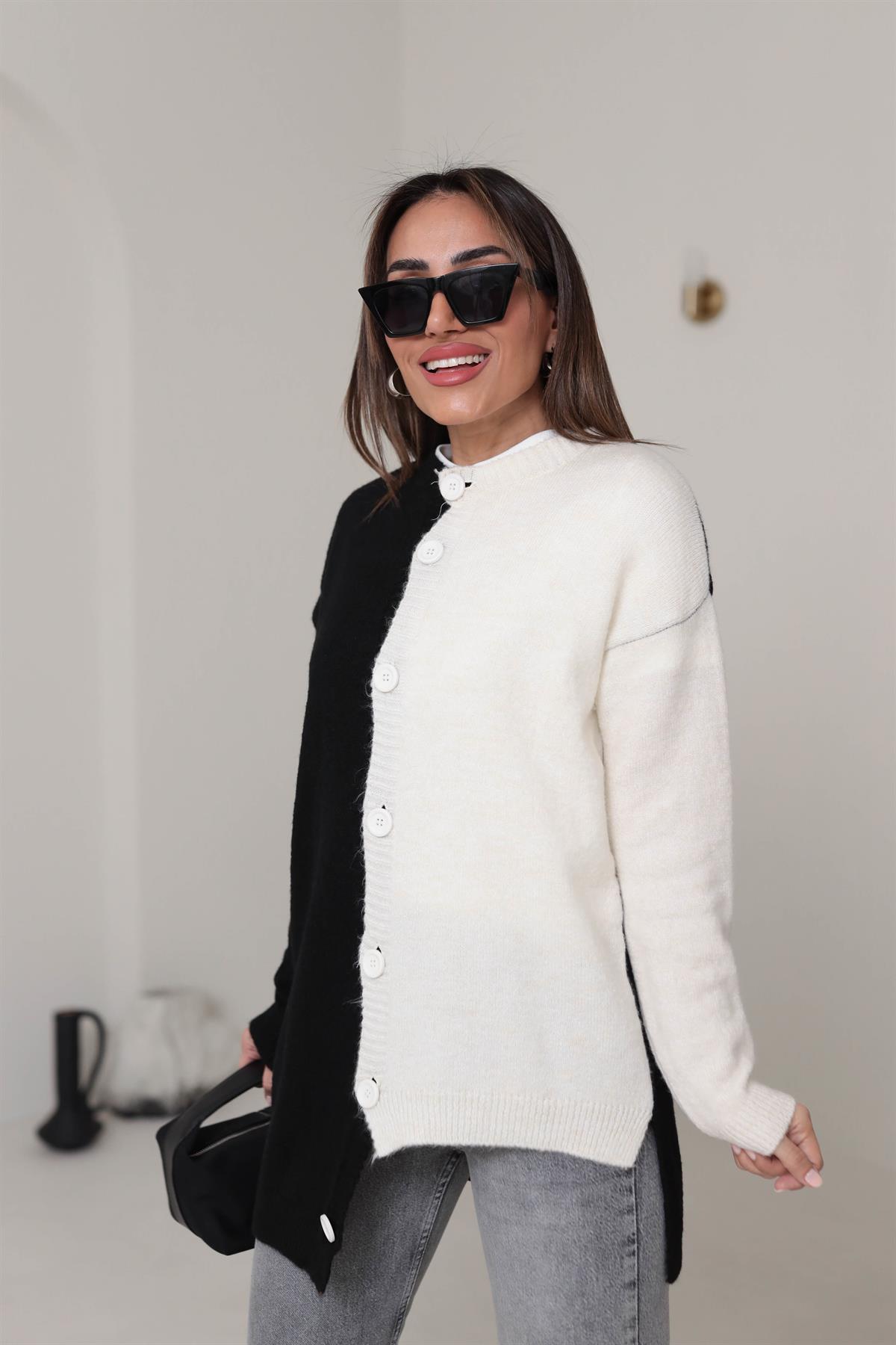 4071 İki Renk Detaylı Hırka SİYAH