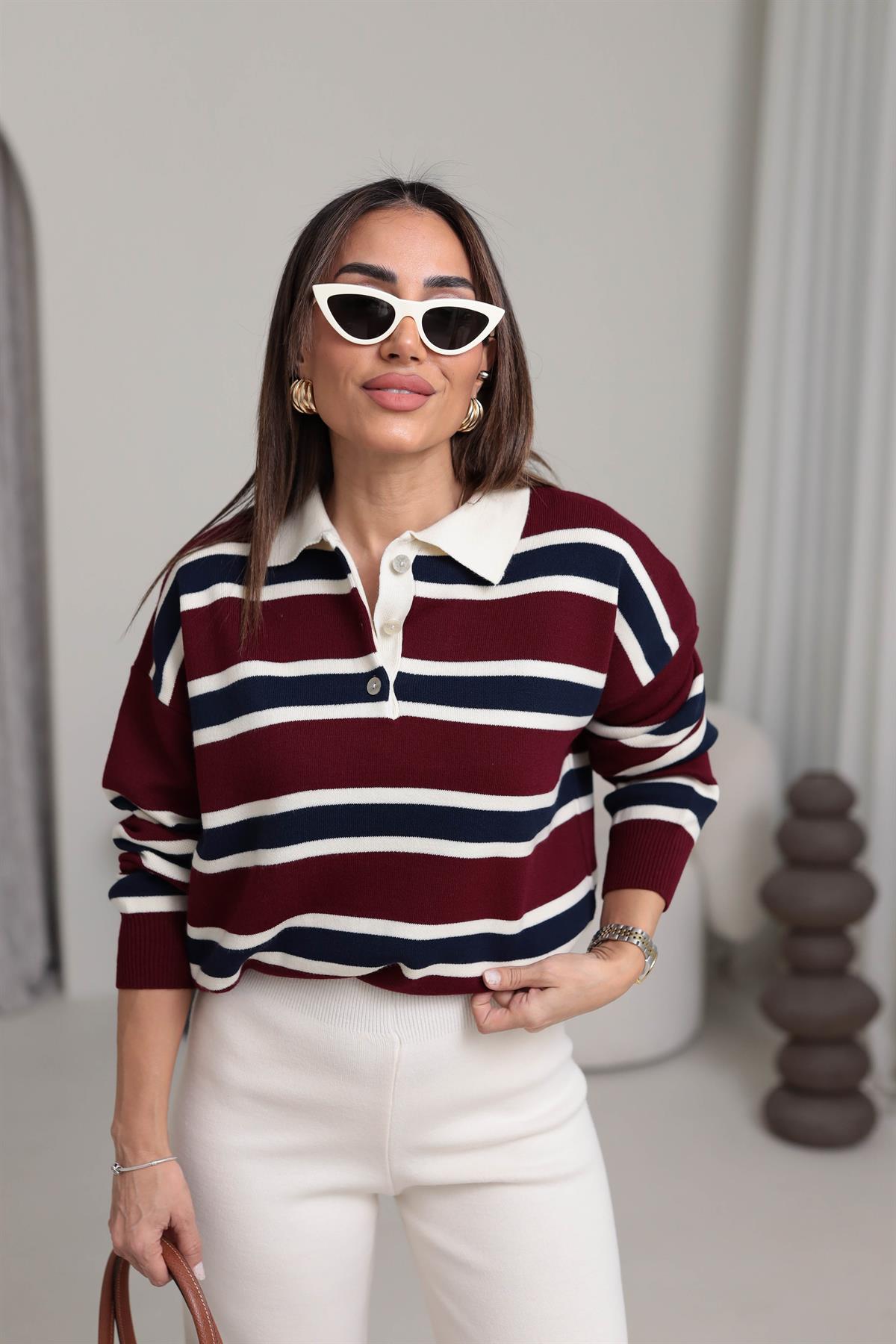 2433 Polo Yaka Çizgili Düğmeli Triko BORDO-LACİ