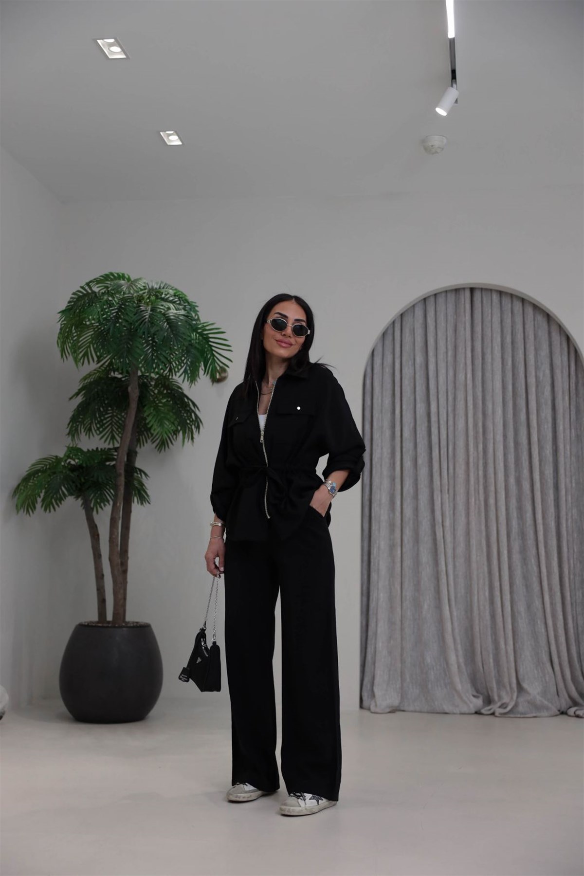 1003 Cep Kapaklı Fermuarlı Bel Büzgülü Modal Tencel Takım SİYAH