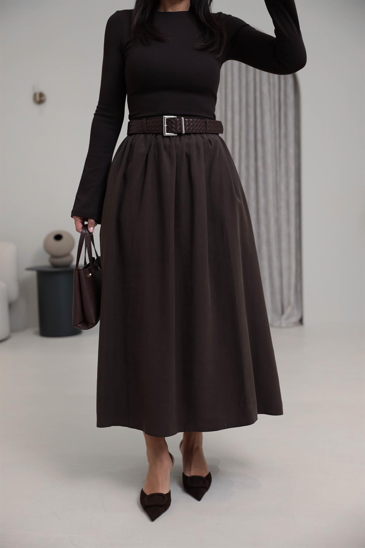 0727 Kemerli Tencel Etek KAHVE