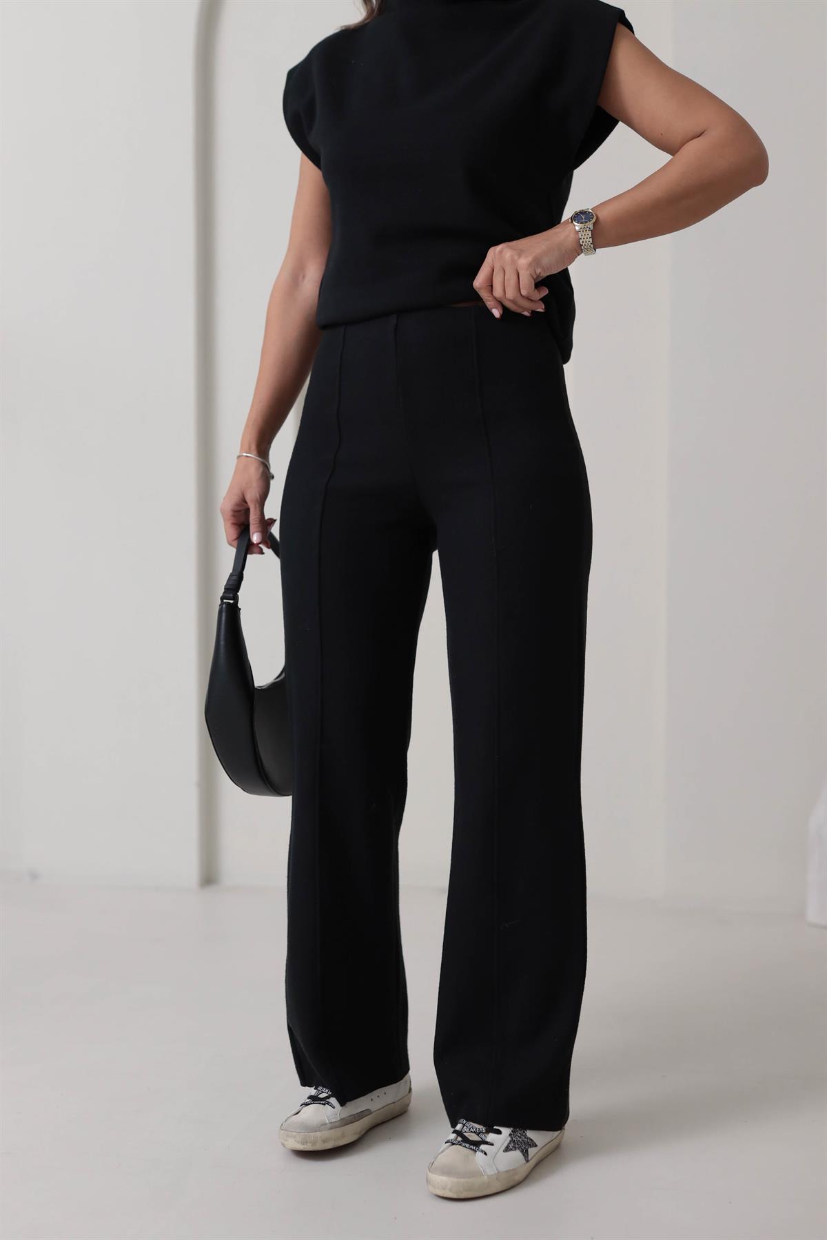 1819 Önü Çimalı Örme Kumaş Rahat Pantolon SİYAH