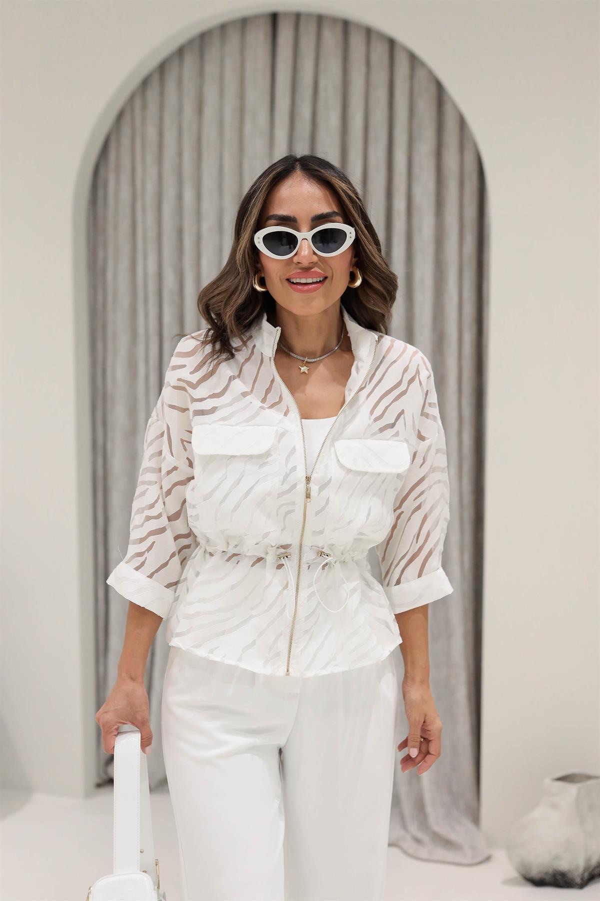 2938 Orgaze Tül Kumaş Fermuarlı Ceket