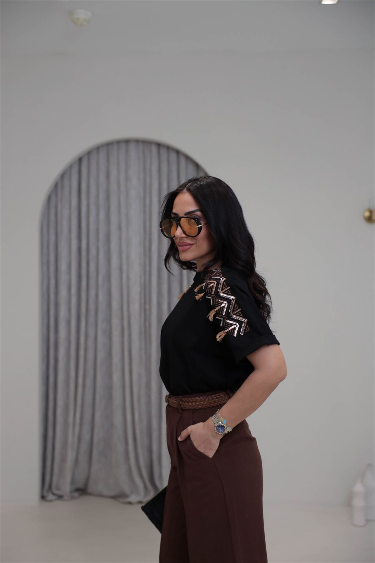 5166 Etnik Nakış İşlemeli Premium Tshirt SİYAH