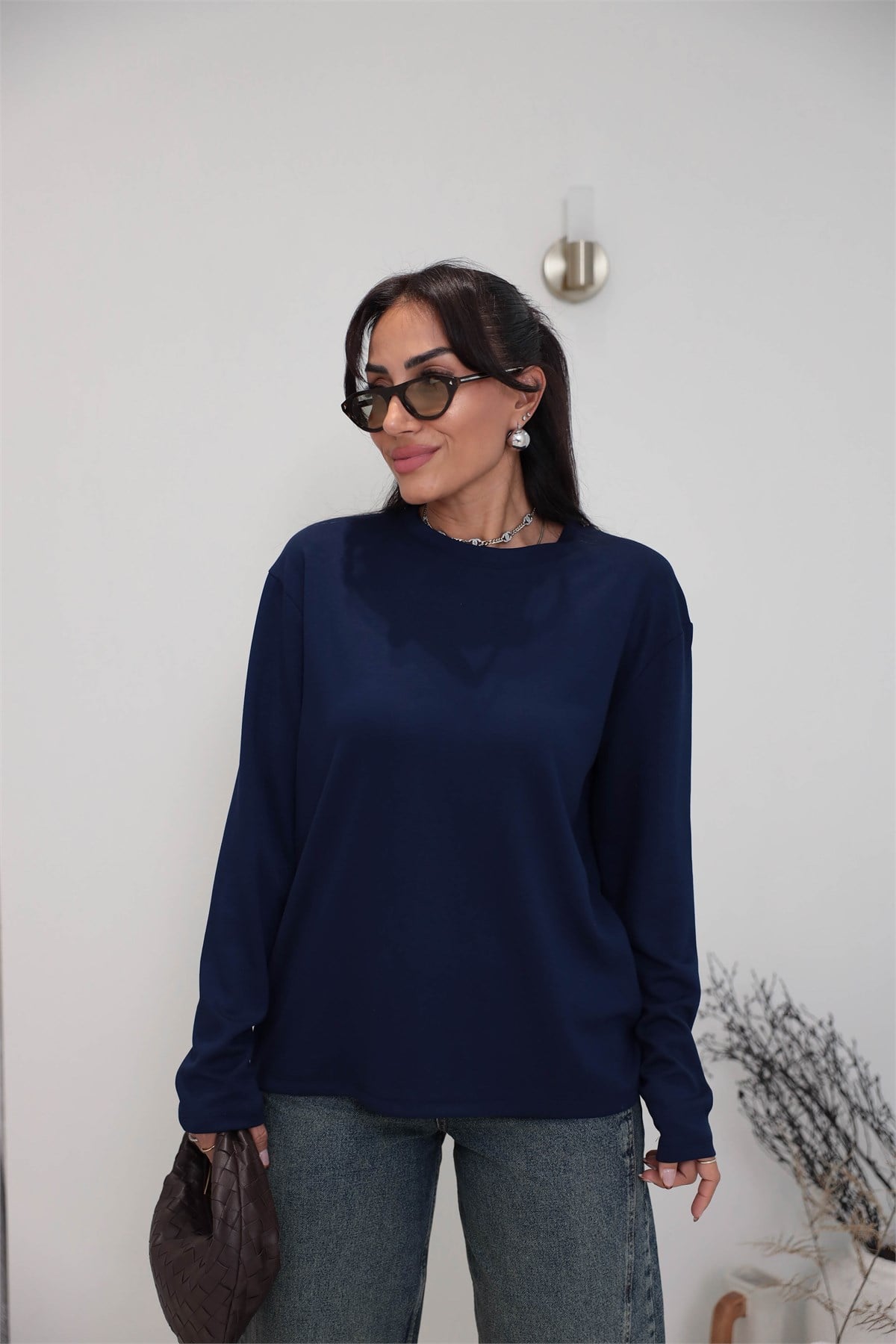1448 Bisiklet Yaka uzun Kollu Oversize Tshirt LACİVERT