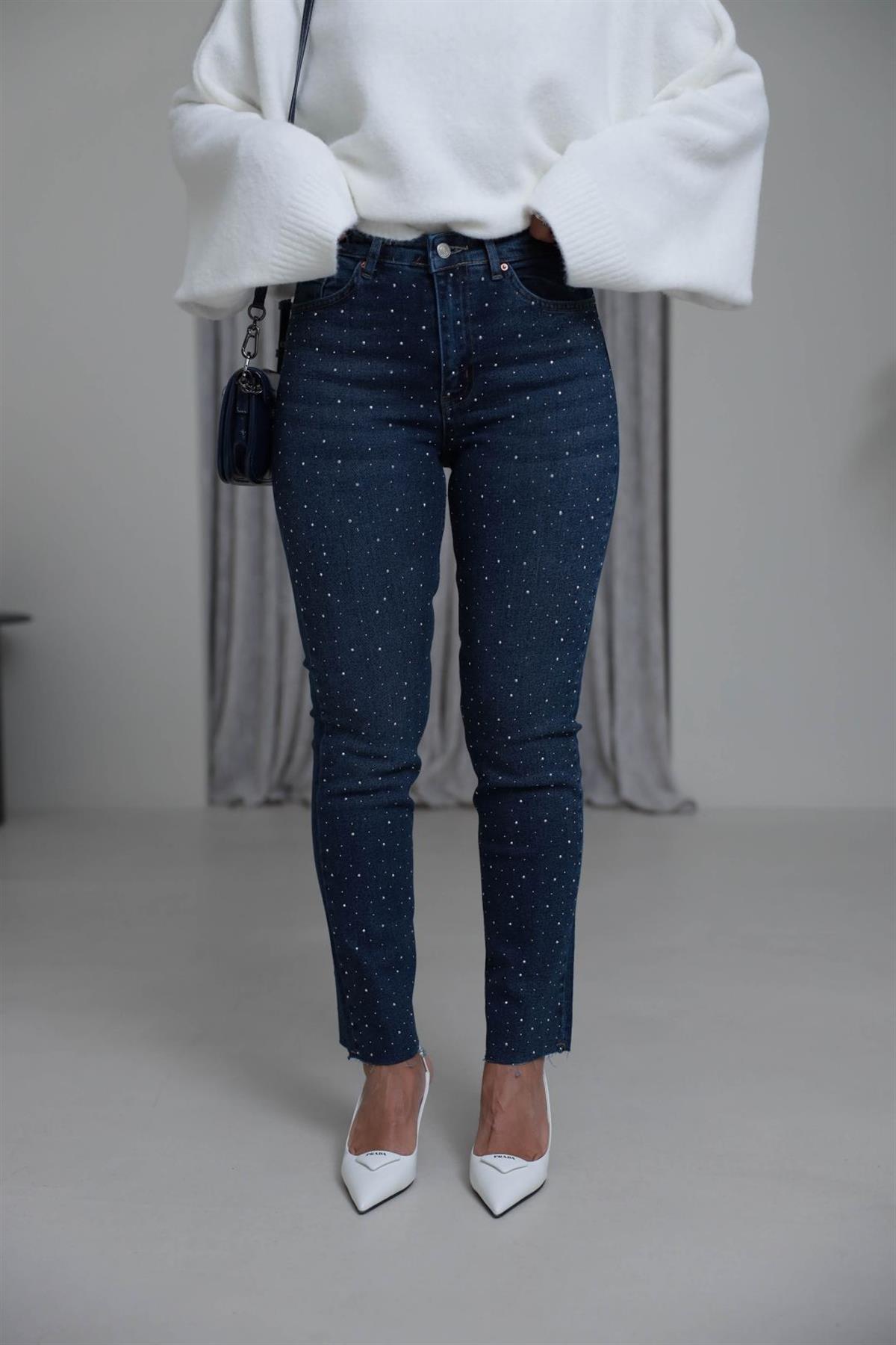 1055 Serpme Taşlı Likralı Jean KOYU MAVİ