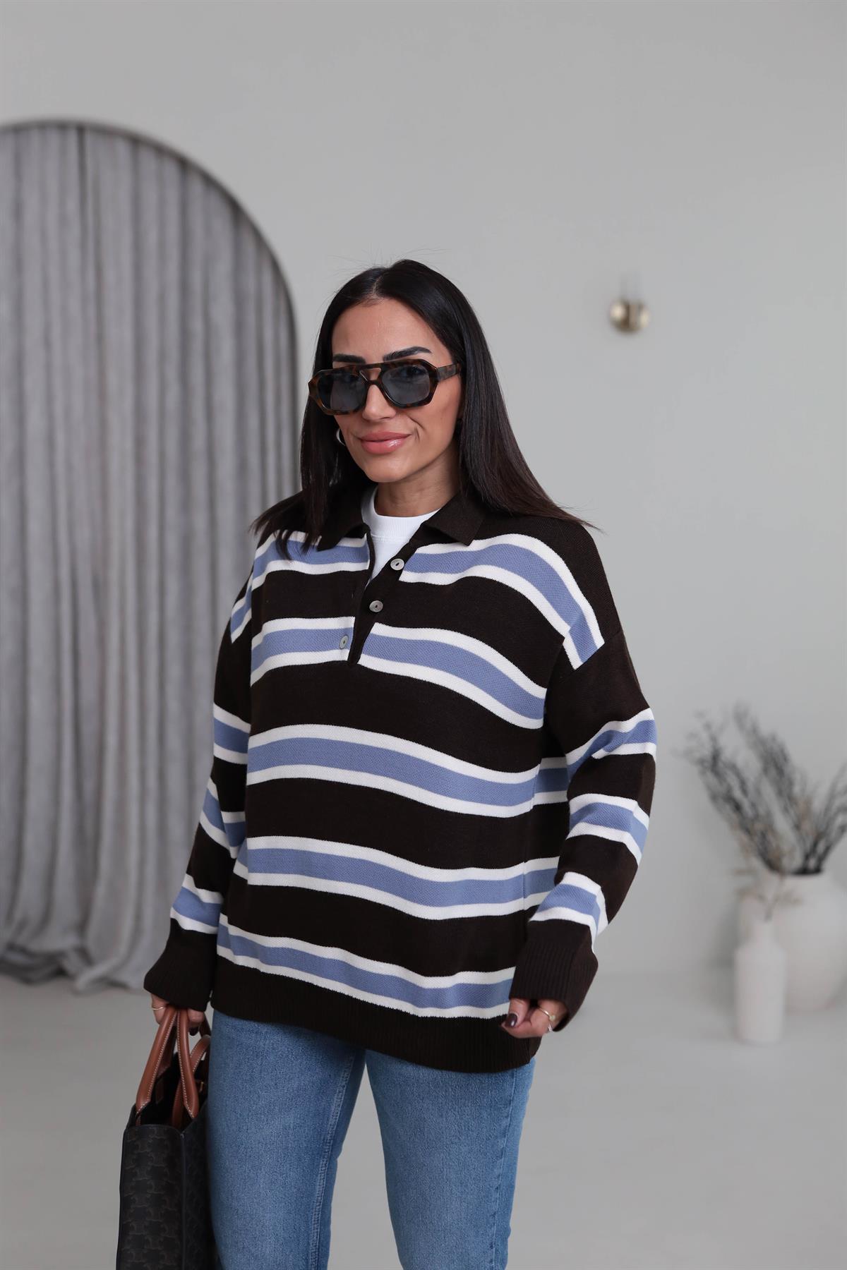 1127 Polo Yaka Şeritli Triko ACI KAHVE