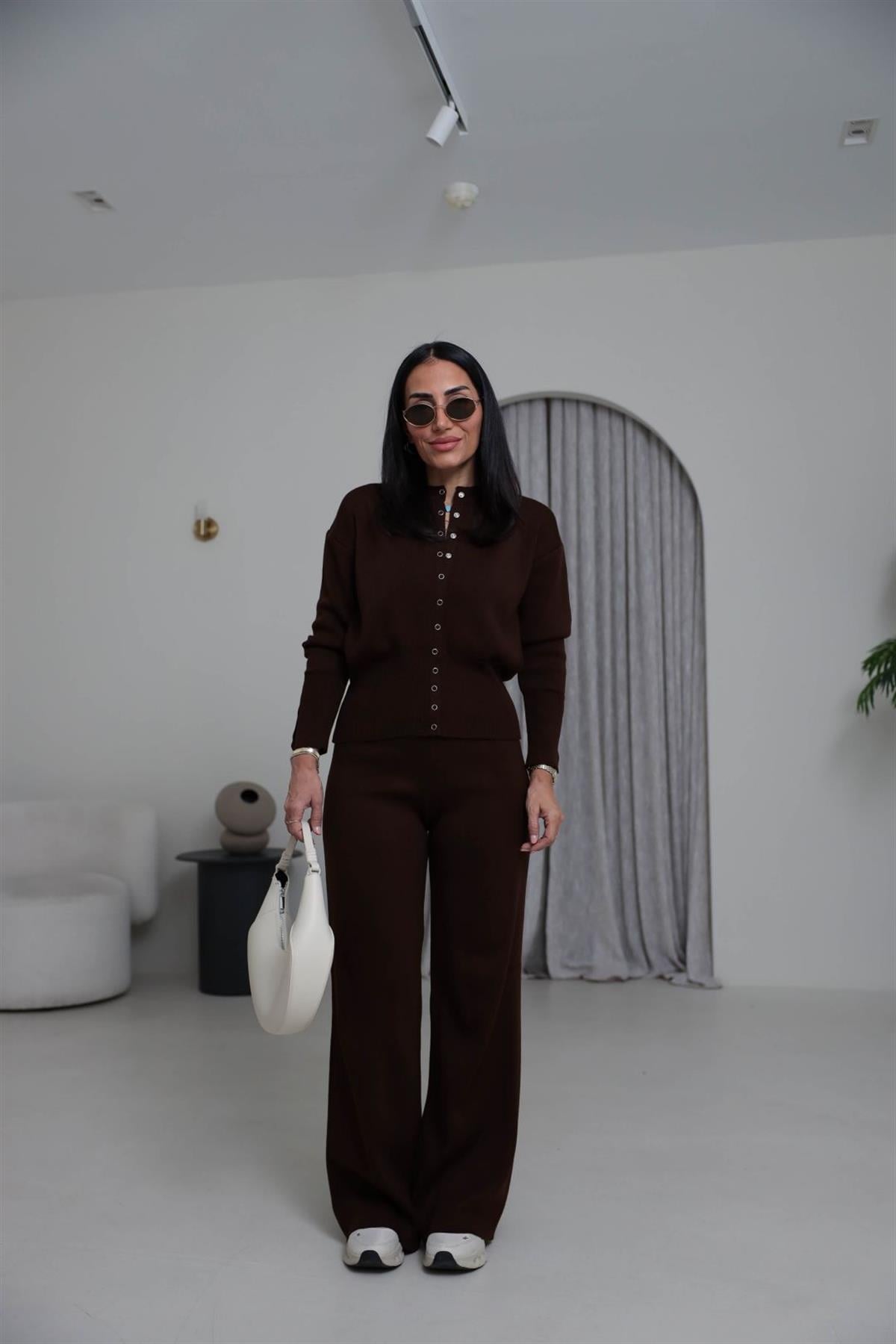 0129 Bisiklet Yaka Çıtçıt Detaylı Triko Takım KAHVE