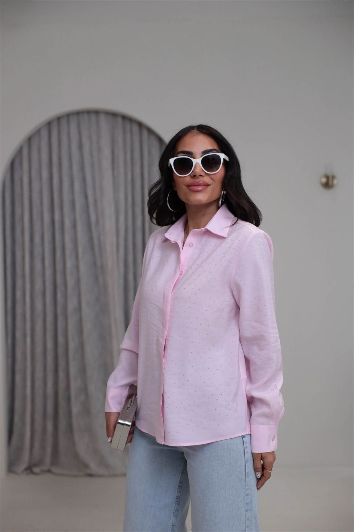 7335 Tencel Kumaş Taşlı Gömlek PEMBE