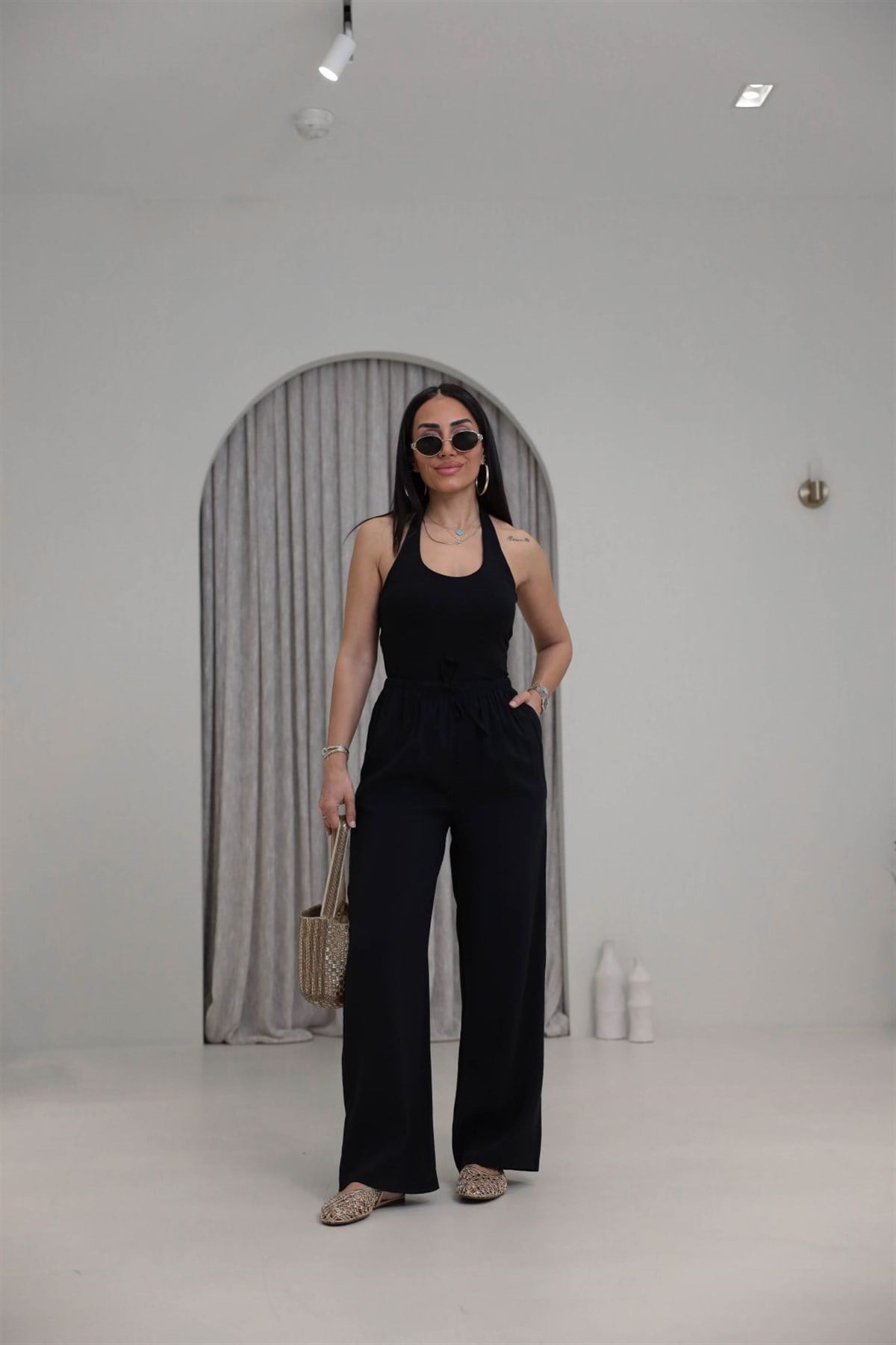 9819 Beli Bağcıklı Cupra Pantolon SİYAH