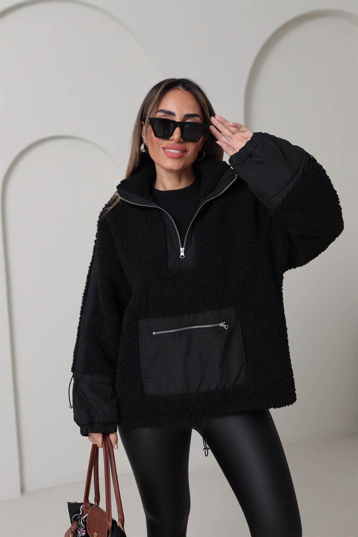 Yarım Fermuarlı Paraşüt Kumaş Detaylı Sweatshirt SİYAH