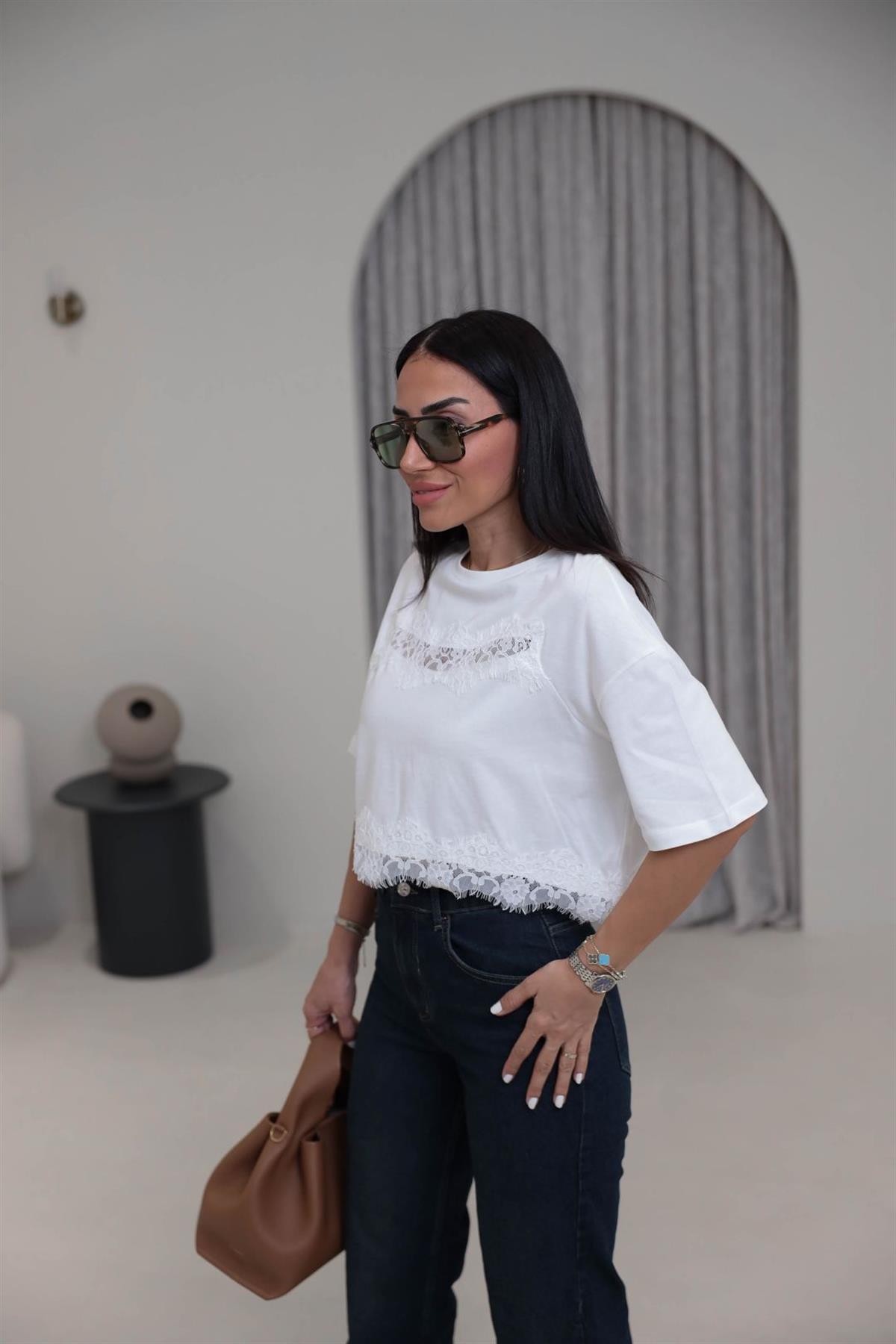 2252 Dantel Detaylı Pamuklu Kısa Tshirt EKRU