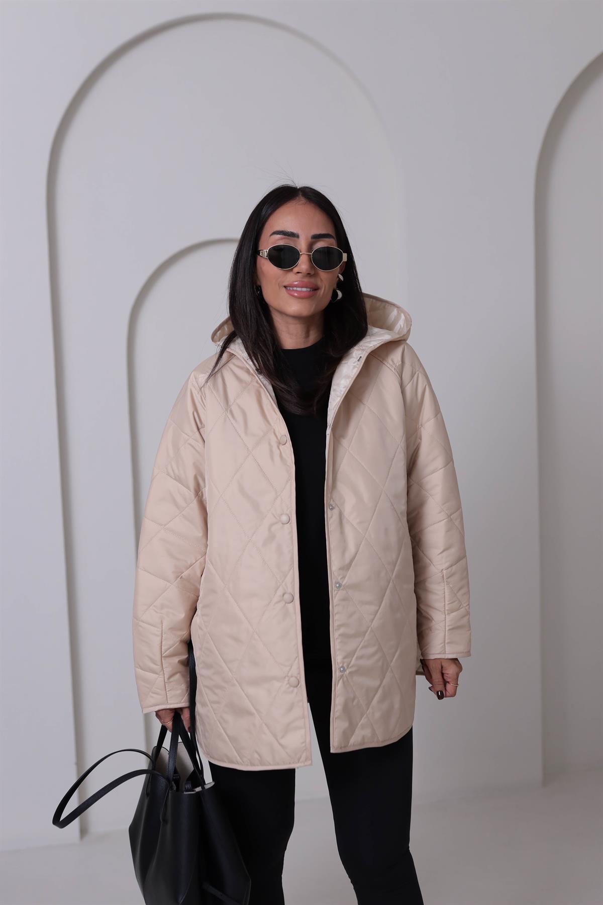 4211 Kapitone Kapşonlu Oversize Mont BEJ