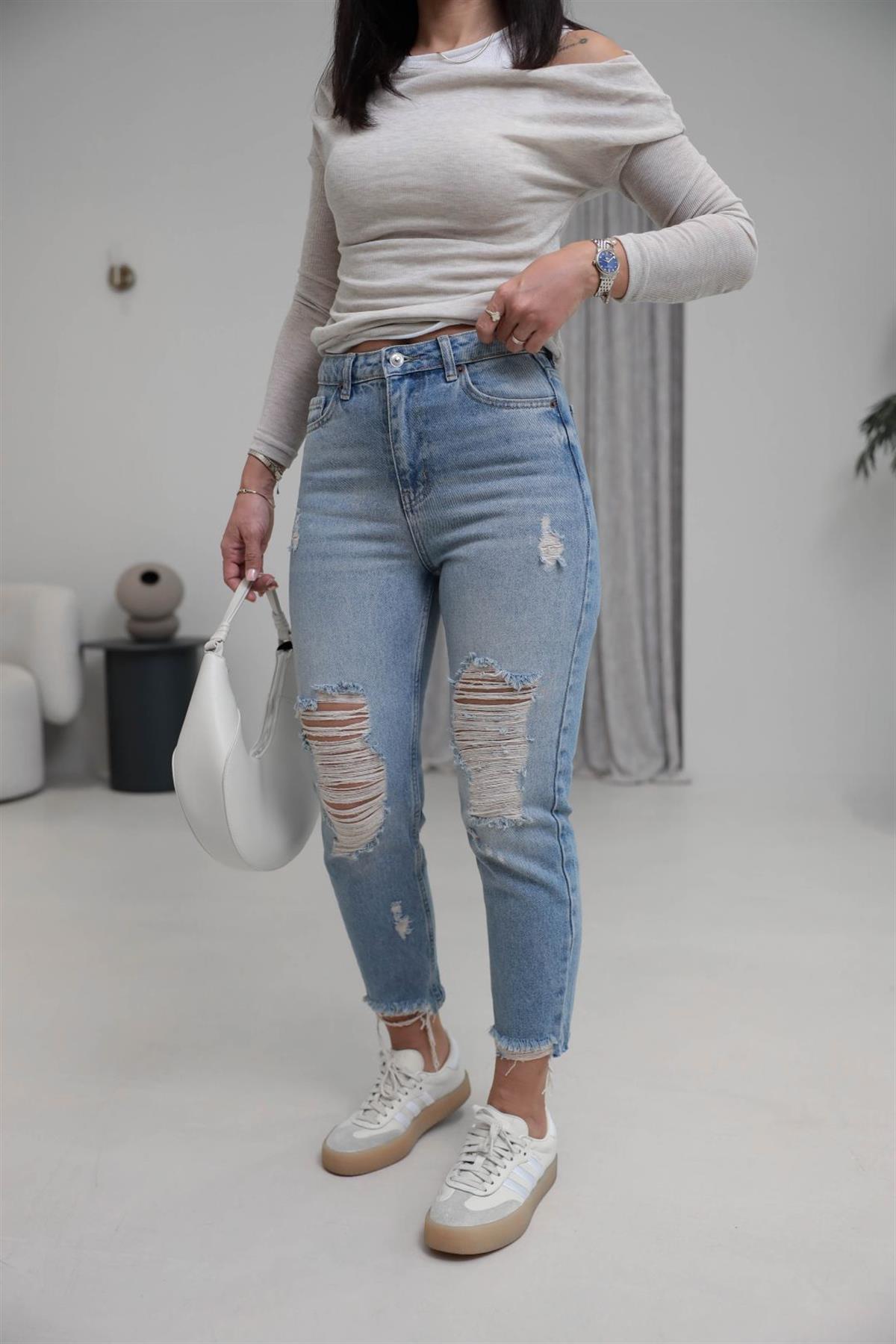 482 Yüksek Bel Yırtıklı Jean Pantolon AÇIK MAVİ