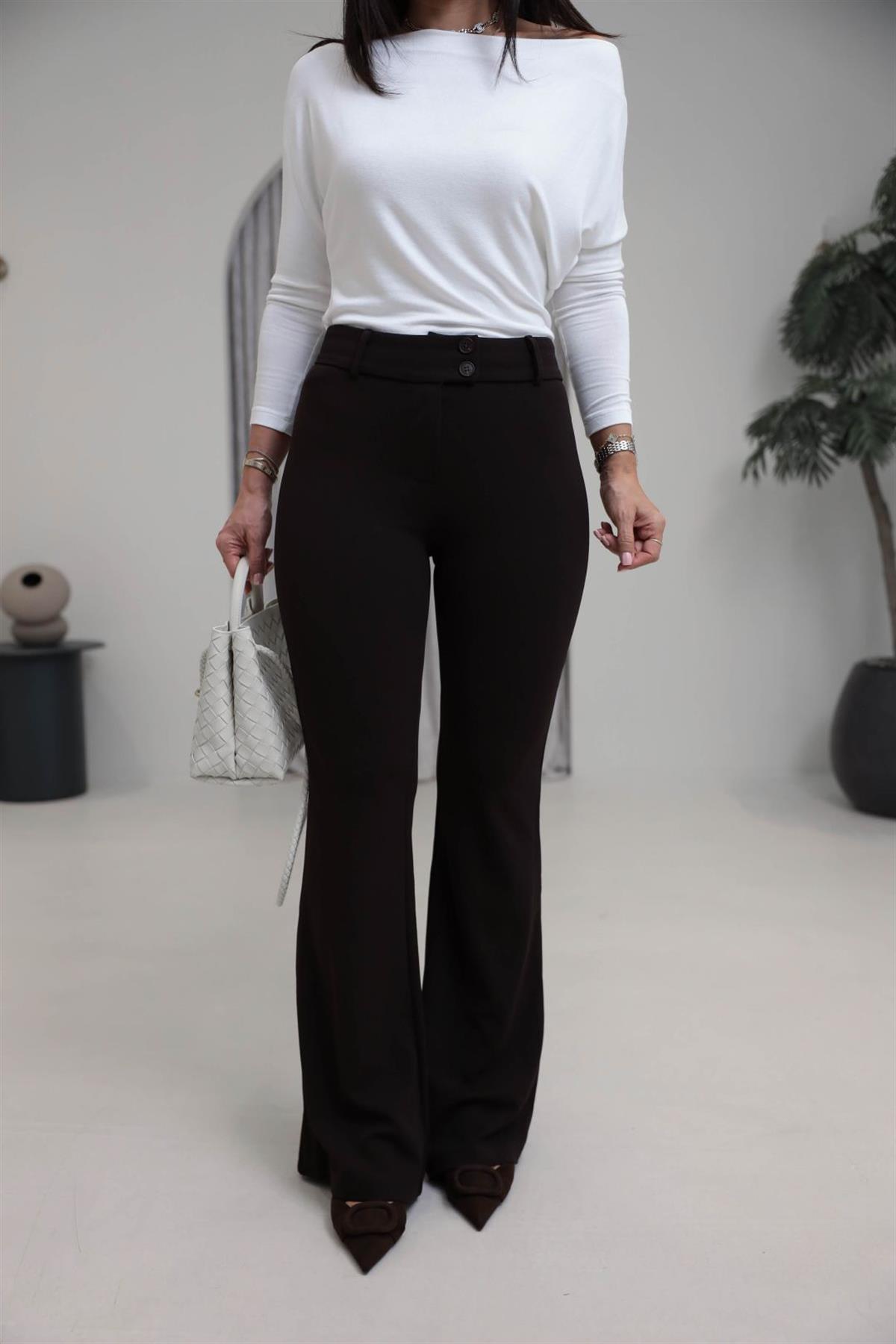 4094 Korsajlı Likralı Flare Pantolon KAHVE