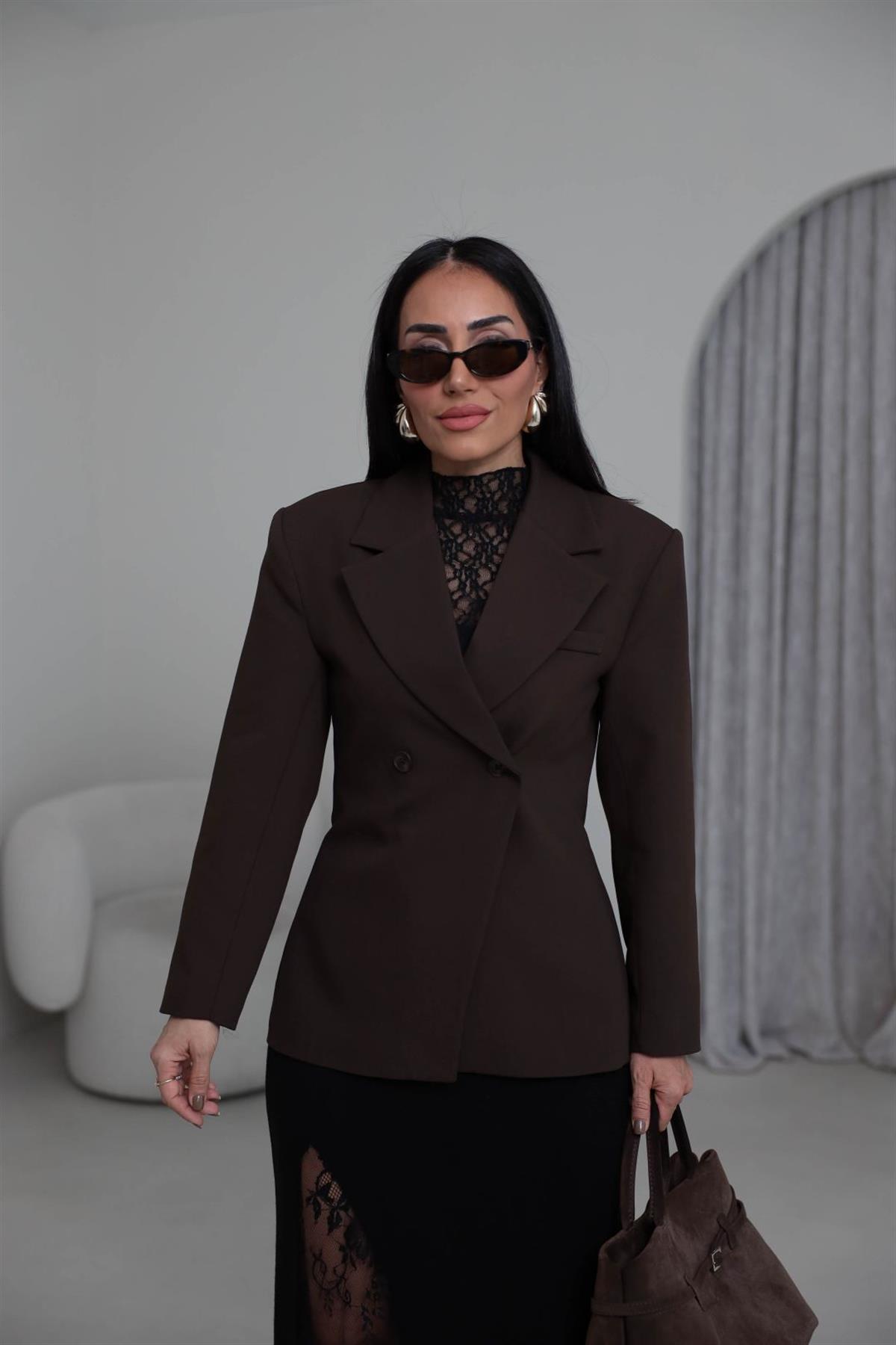 7685 Kruvaze Belden Oturtmalı Blazer Ceket KAHVE
