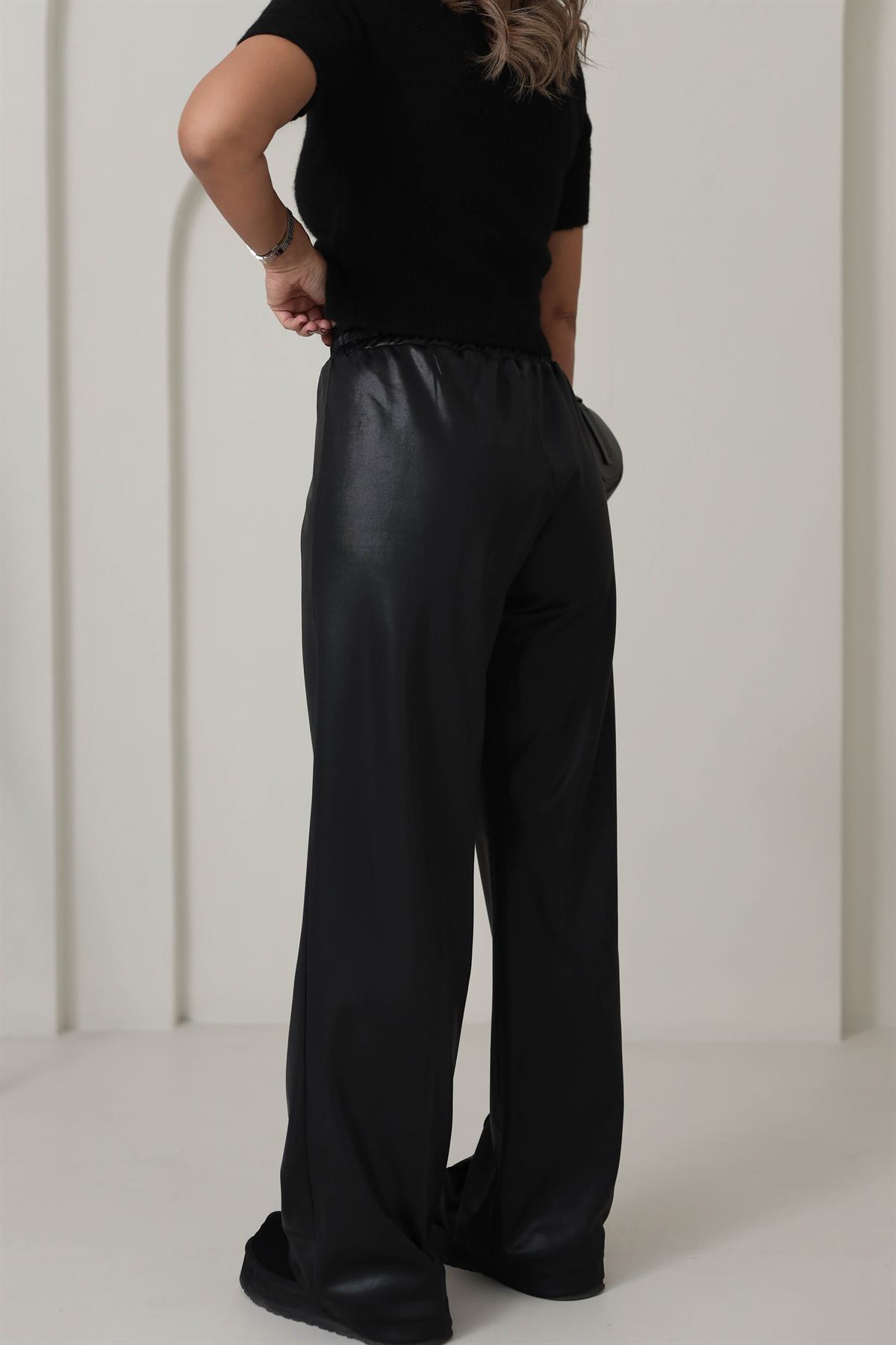 0907 Önü Çimalı Deri Palazzo Pantolon