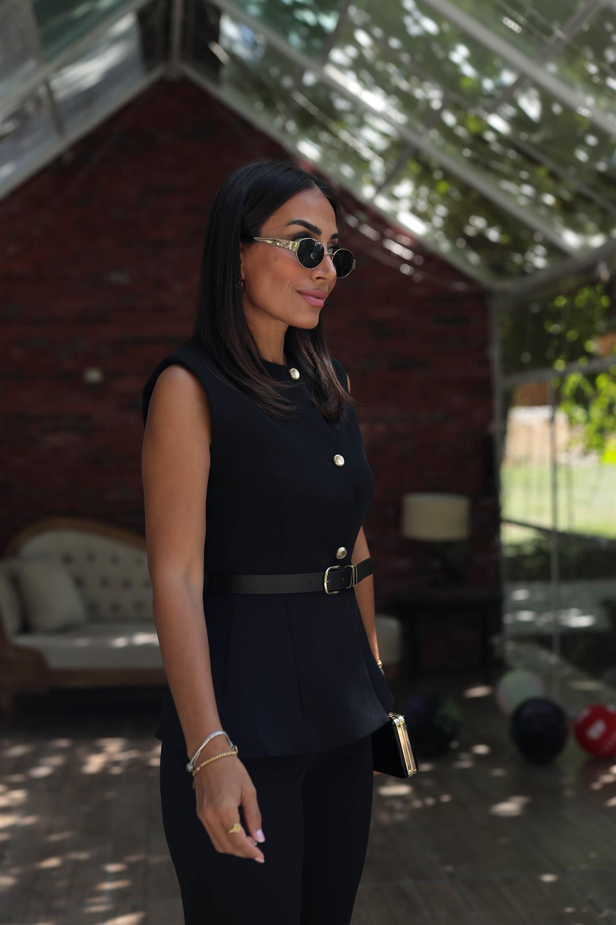 7195 Kemerli Yelekli Double Takım SİYAH