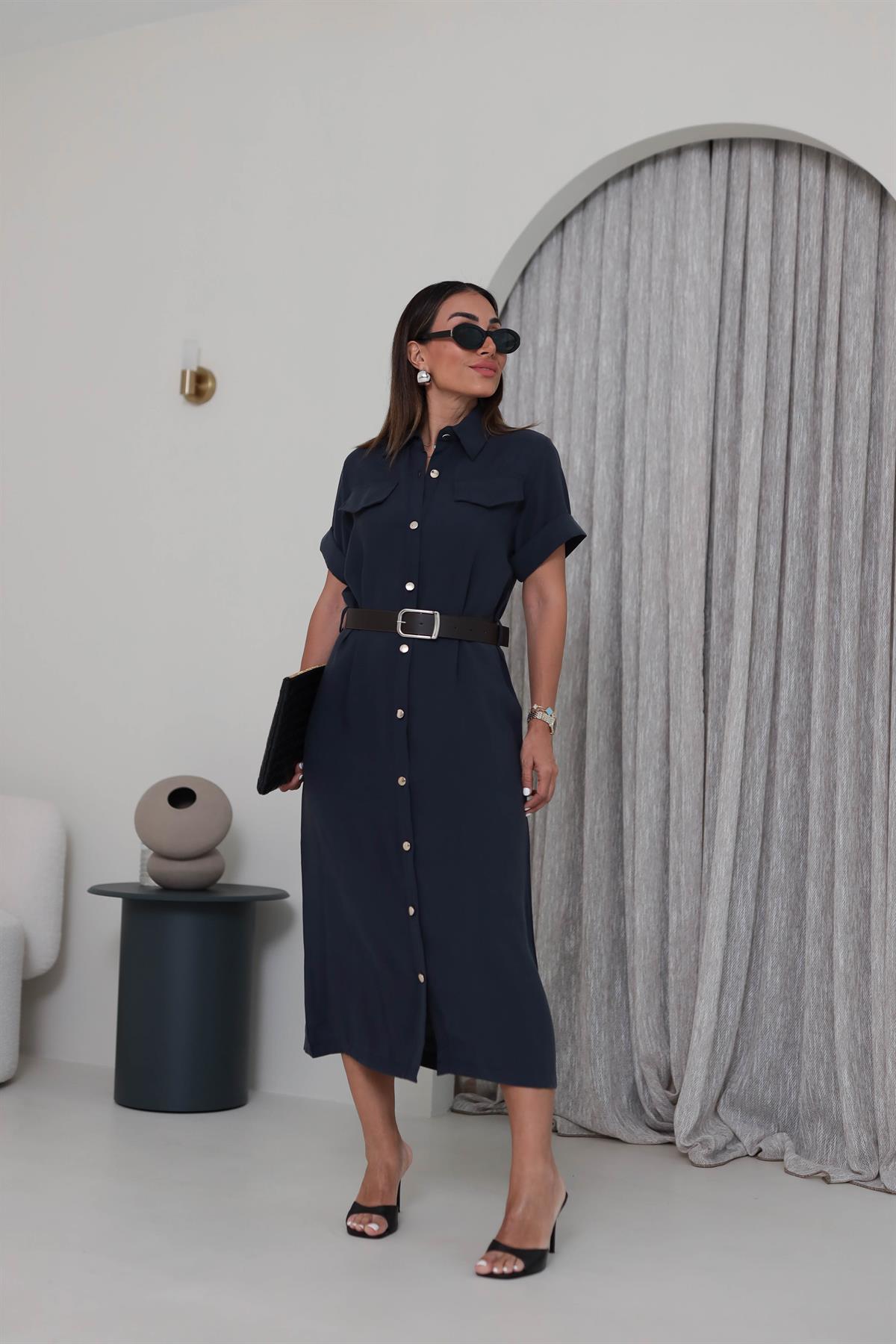 0334 Gold Düğmeli Kemerli Tencel Gömlek Elbise FÜME