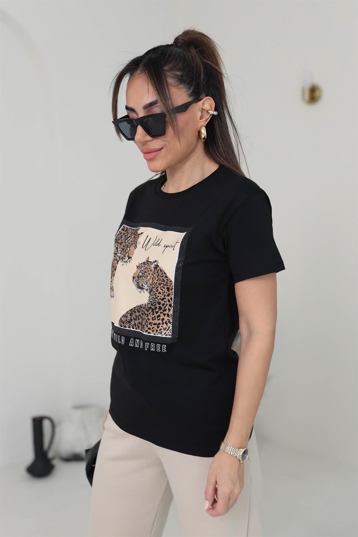 7068 Kaplan Baskılı Taşlı Pamuklu Tshirt SİYAH