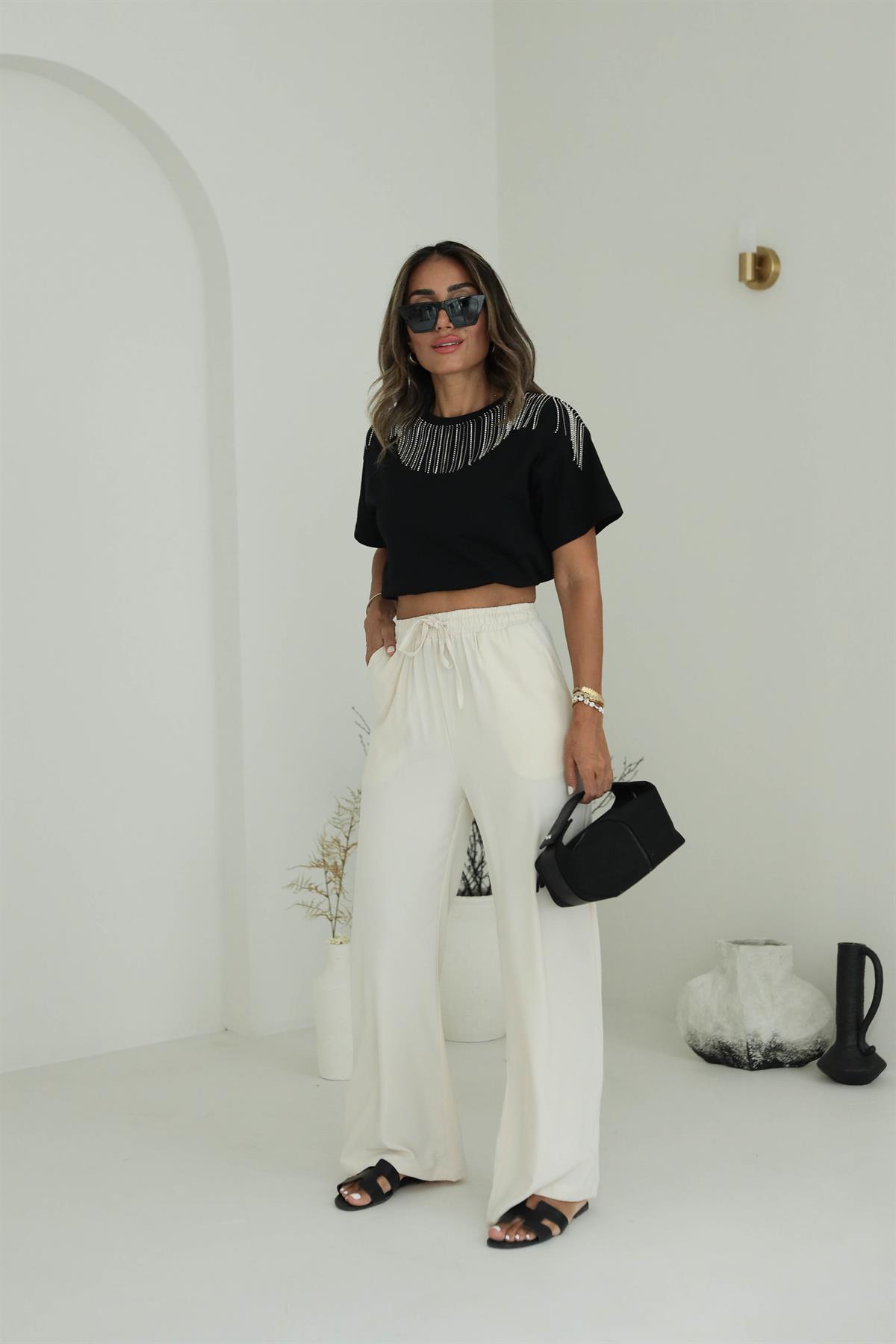 8779 Beli Lastikli Bol Paça Pantolon TAŞ