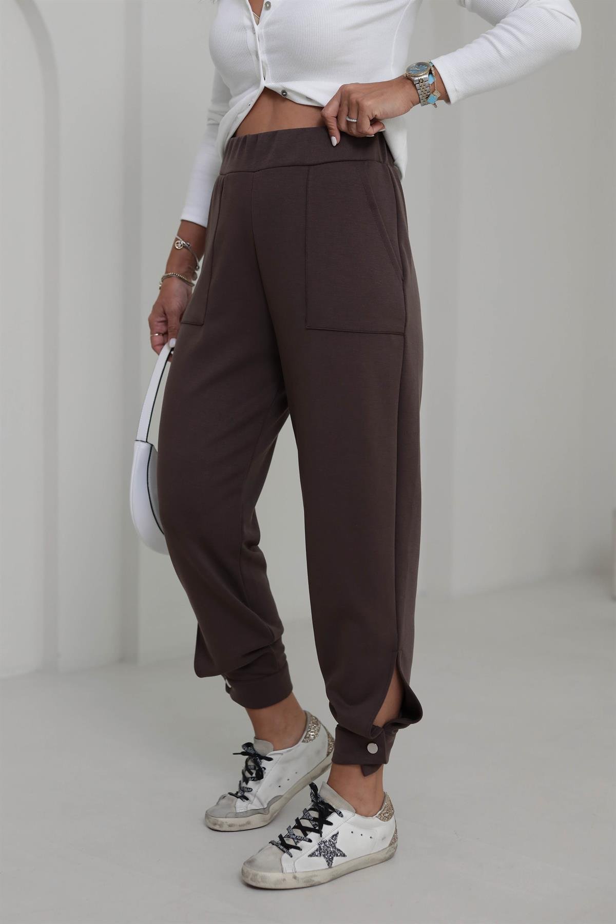 4591 Paçası Düğme Detaylı Cepli Modal Pantolon KAHVE