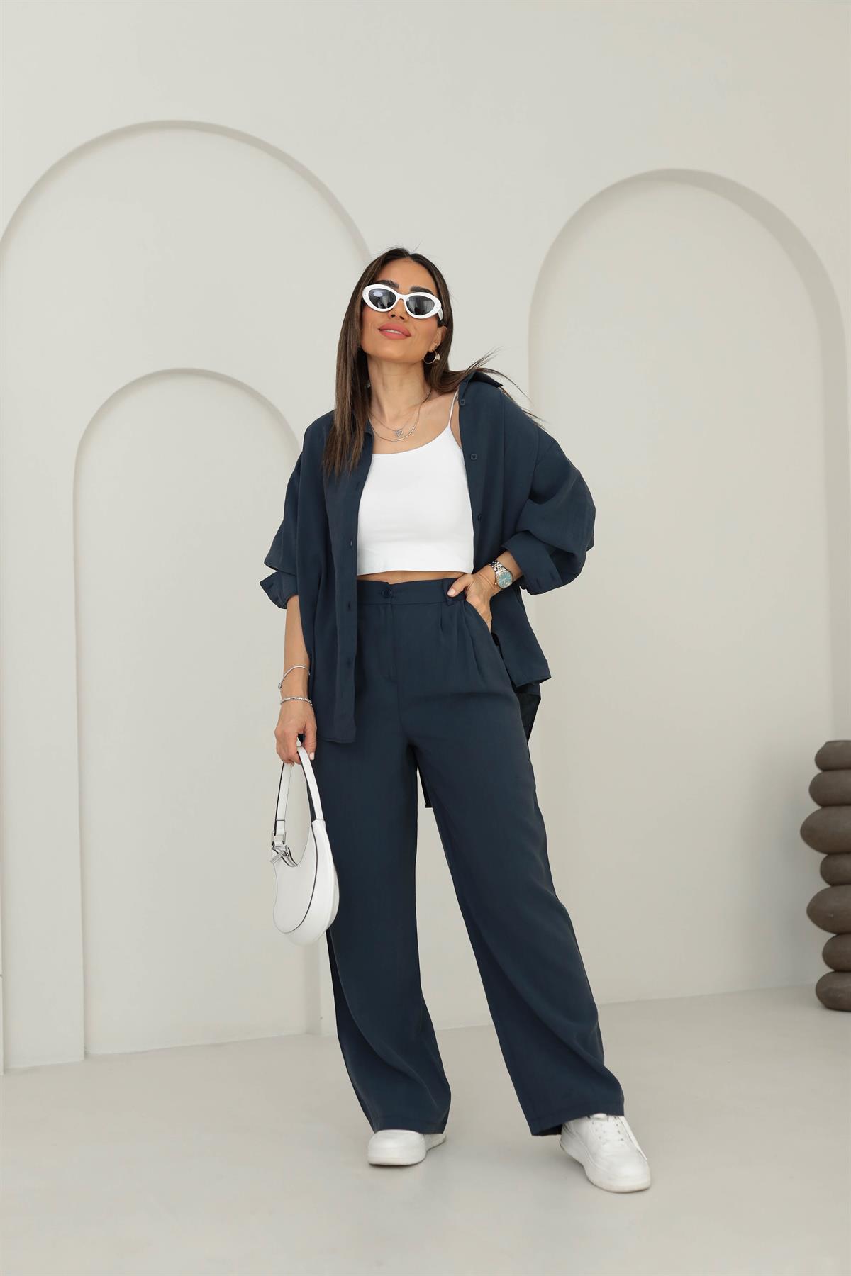 8557 Tencel Kumaş Gömlekli Takım LACİVERT