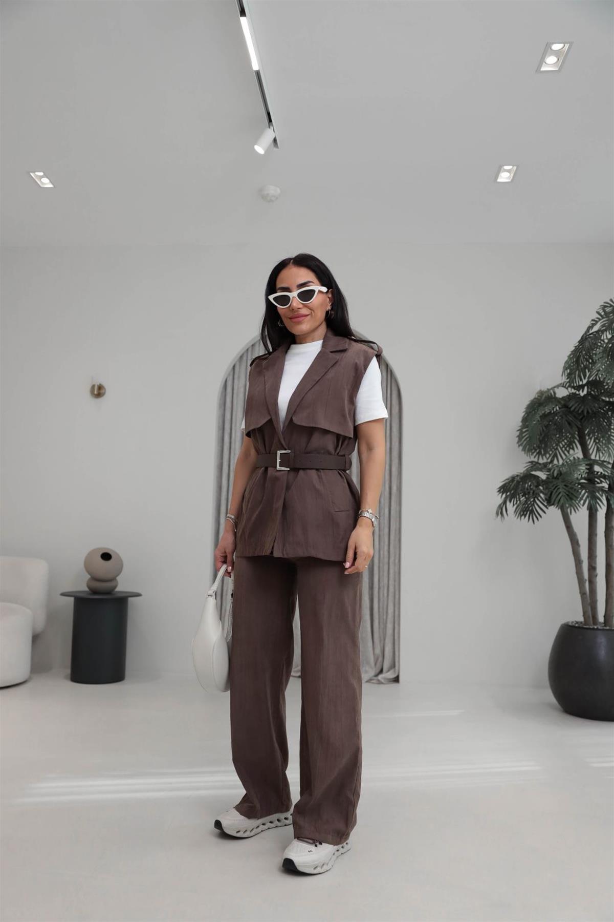 0719 Kemerli Tencel Kumaş Pantolon Yelek Takım KAHVE