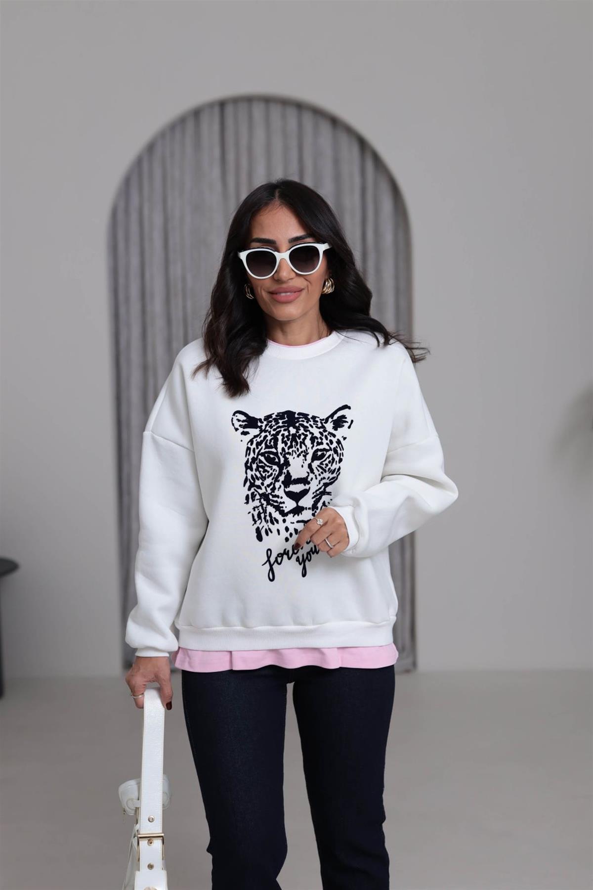 0612 Leopar Baskılı Şardonlu Garnili Sweatshirt BEYAZ