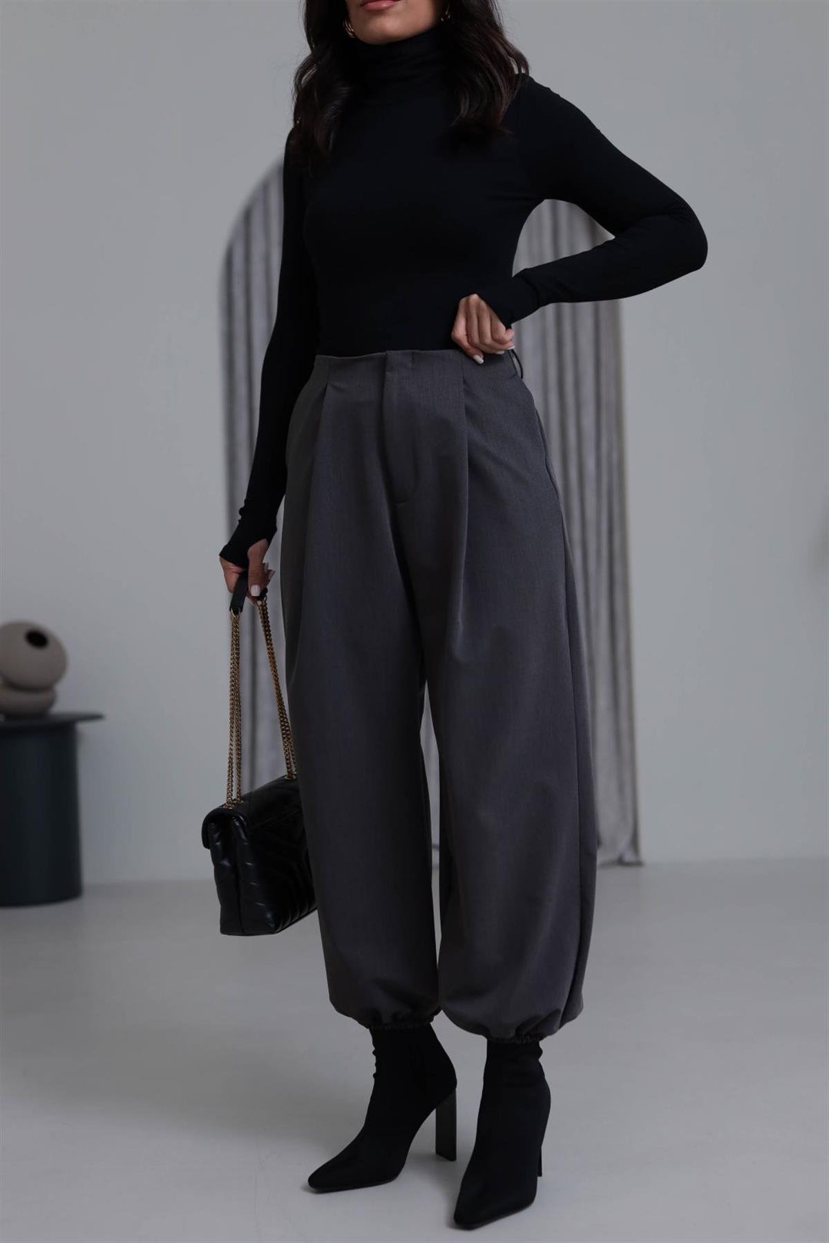 7708 Beli Pensli Paça Lastikli Pantolon ANTRASİT