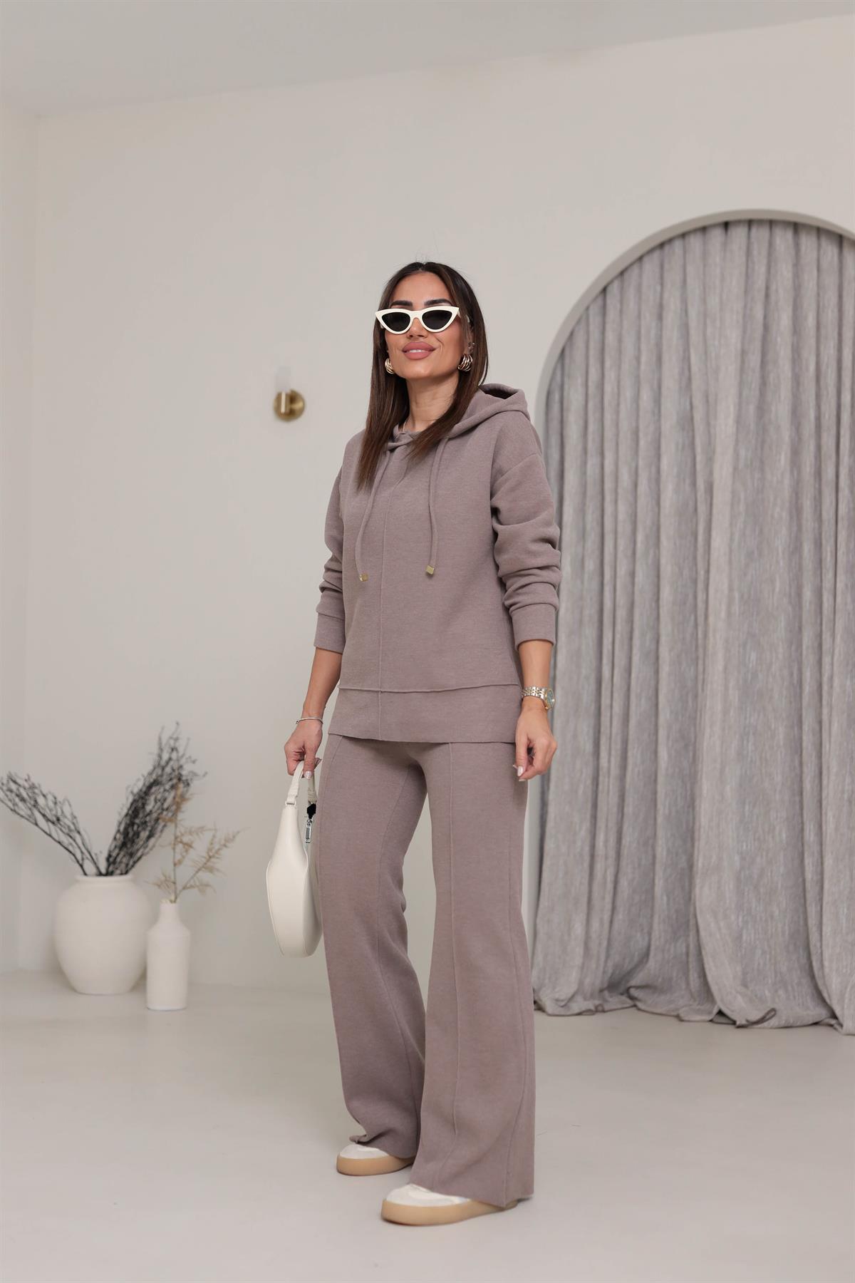 09T2 Ön Dikiş Detaylı Dokulu Rahat Takım VİZON