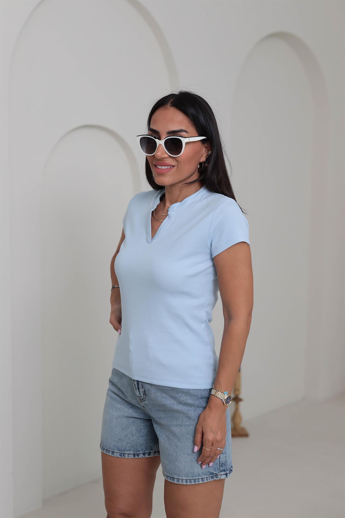 6773 Ribanalı V Yaka Kısa Kol Bluz BEBE MAVİ