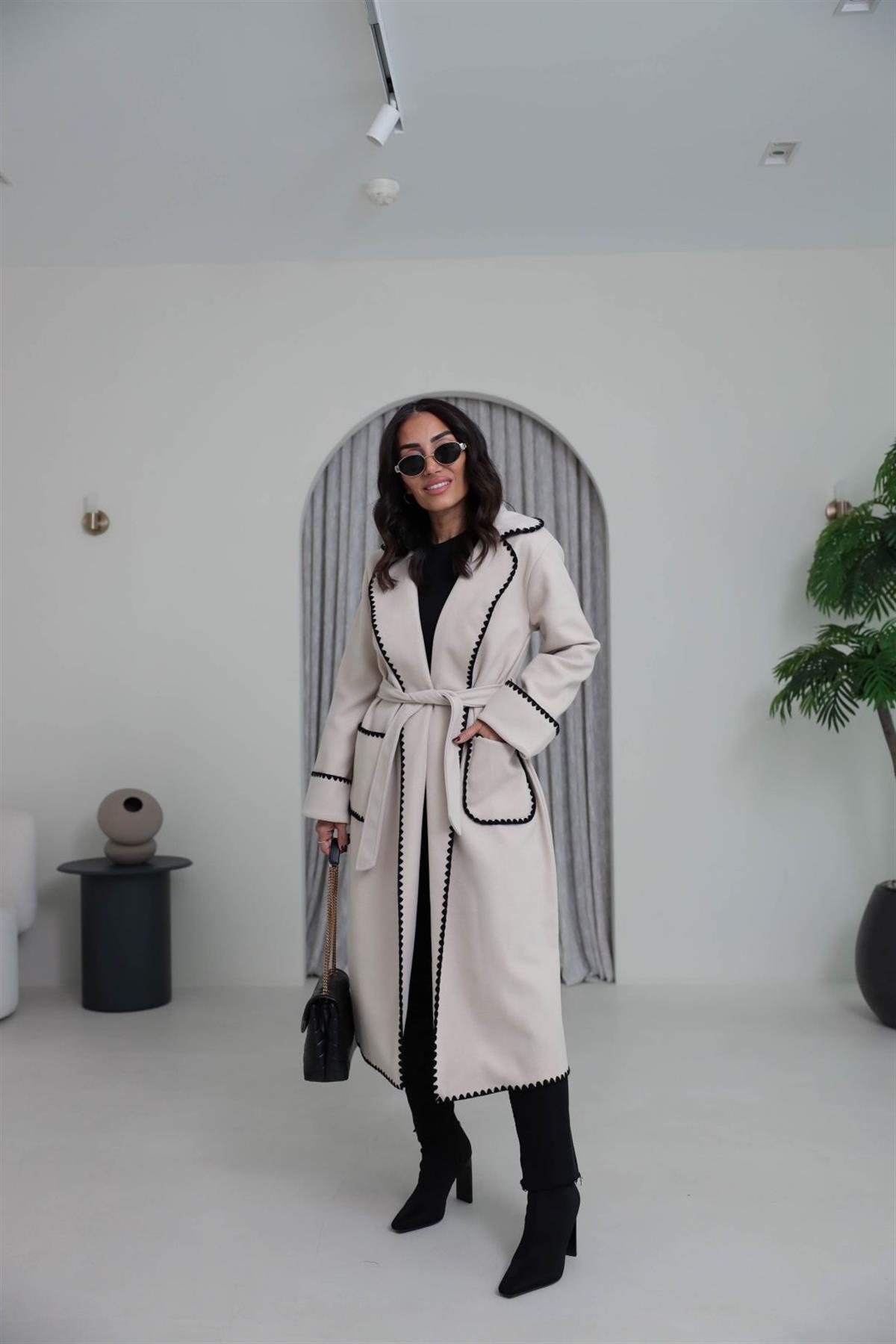 7636 Dikiş ve Cep  Detaylı Kuşaklı Kaban TAŞ