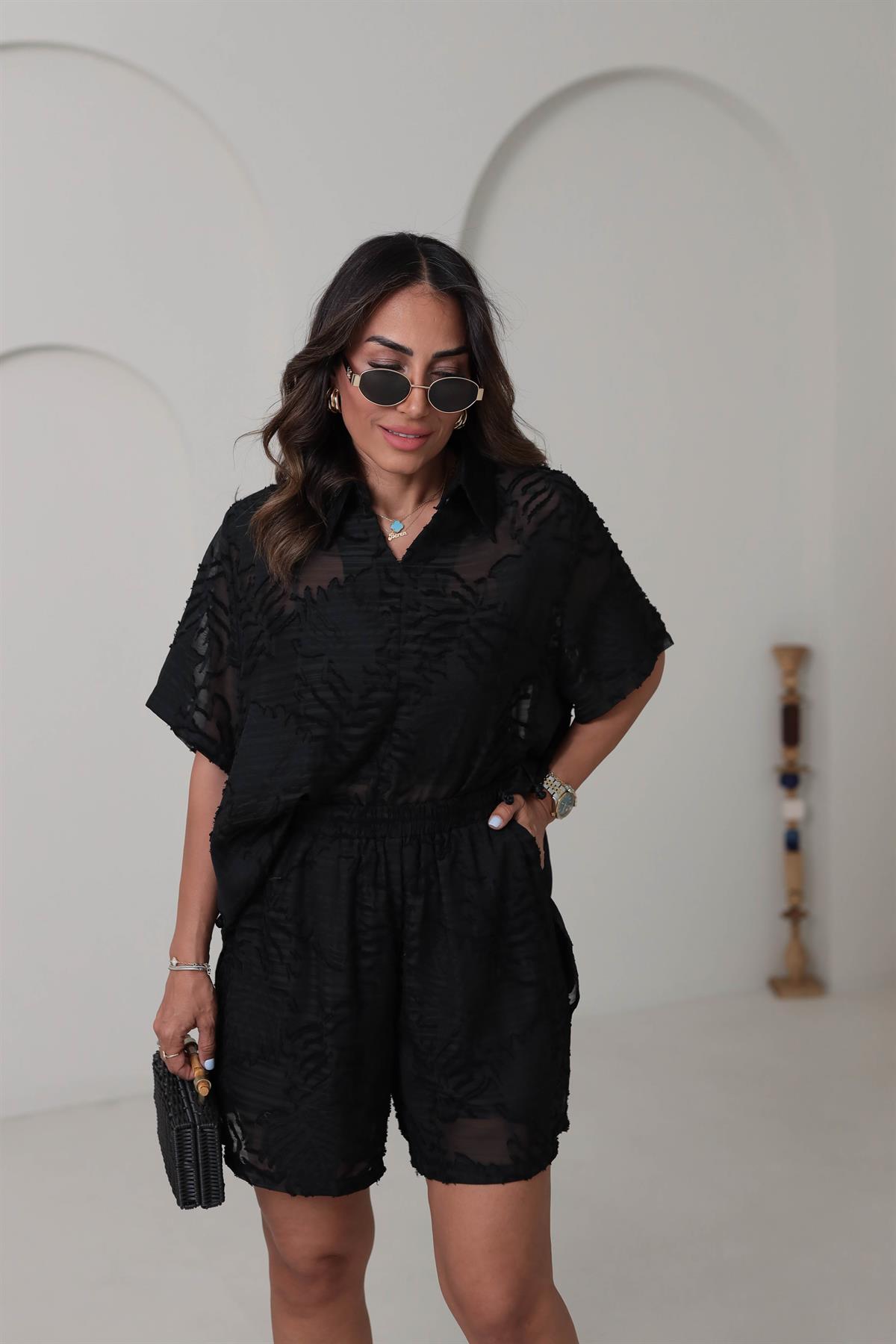 8854 İthal Jakarlı Gömlek Şort Takım SİYAH