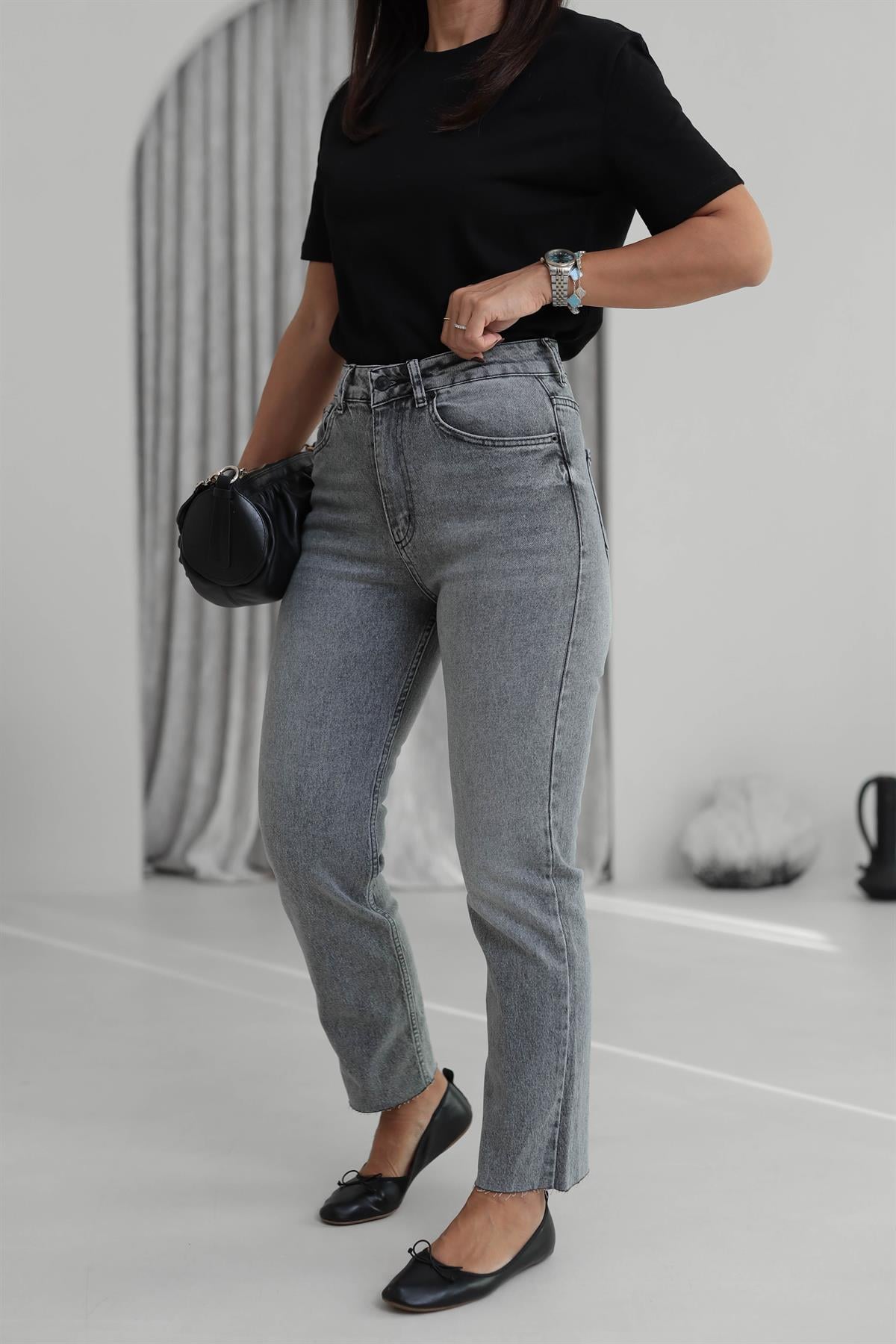 ZA Lazer Kesikli Boyfit Jean GRİ