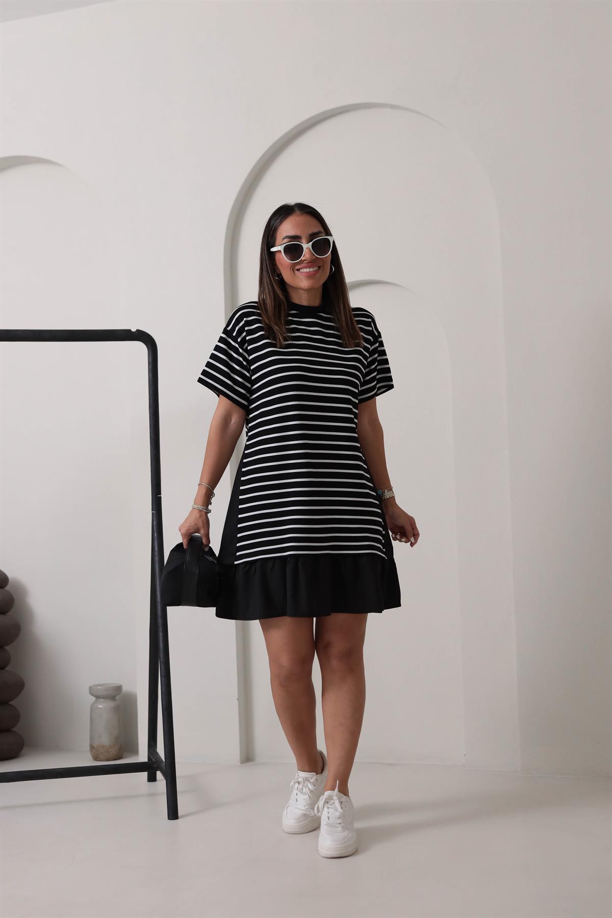 6476 Çizgili Altı Fırfırlı Elbise SİYAH