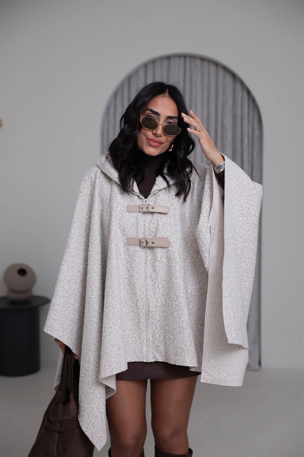 9175 Kemer Detay Kapşonlu Buklet Panço TAŞ