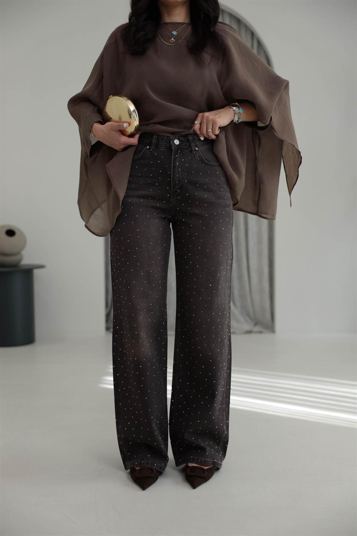 1071K Yıkamalı Taşlı Palazzo Jean YIKAMALI KAHVE