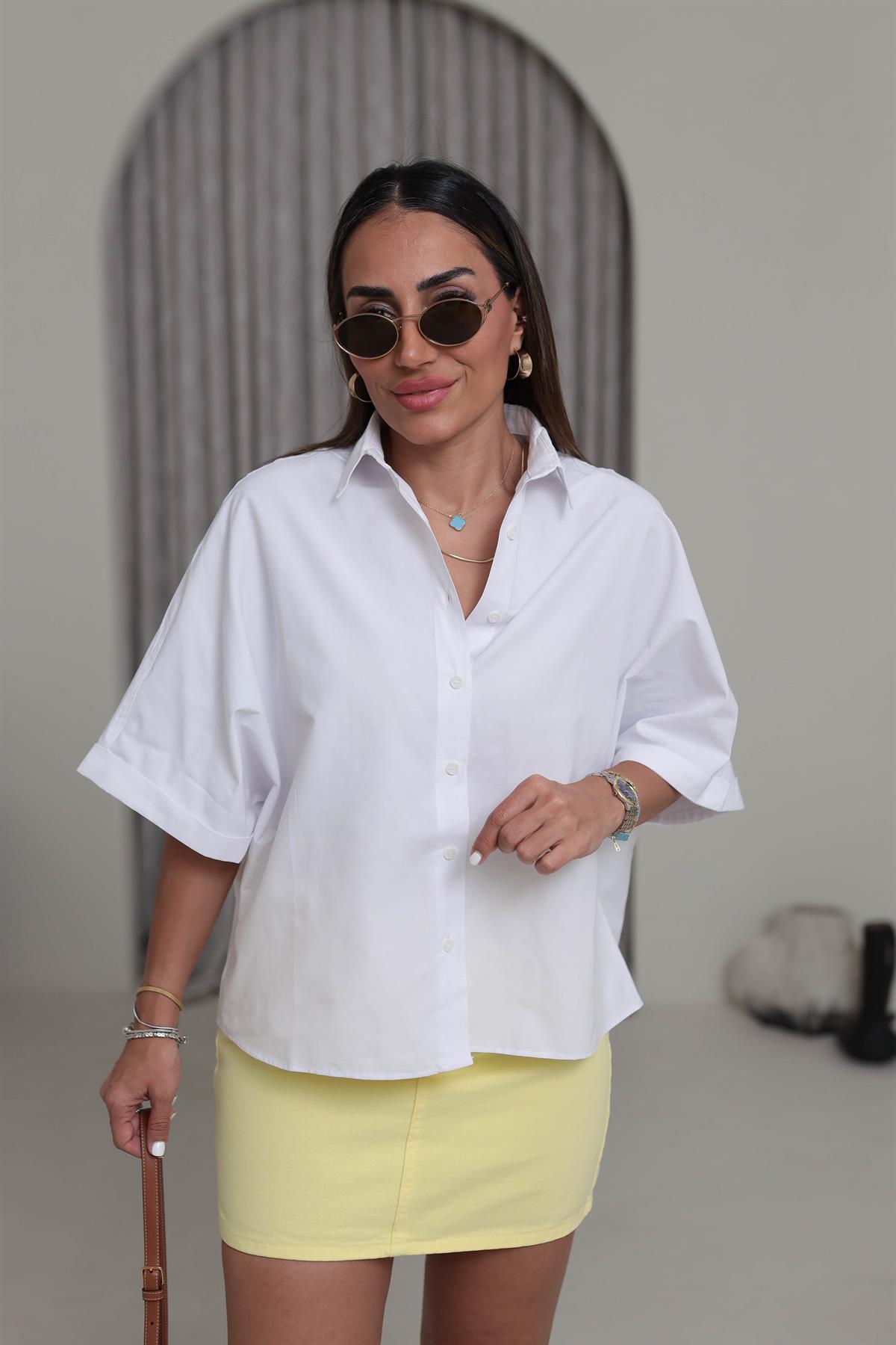 1754 Kısa Kol Oversize Poplin Gömlek BEYAZ