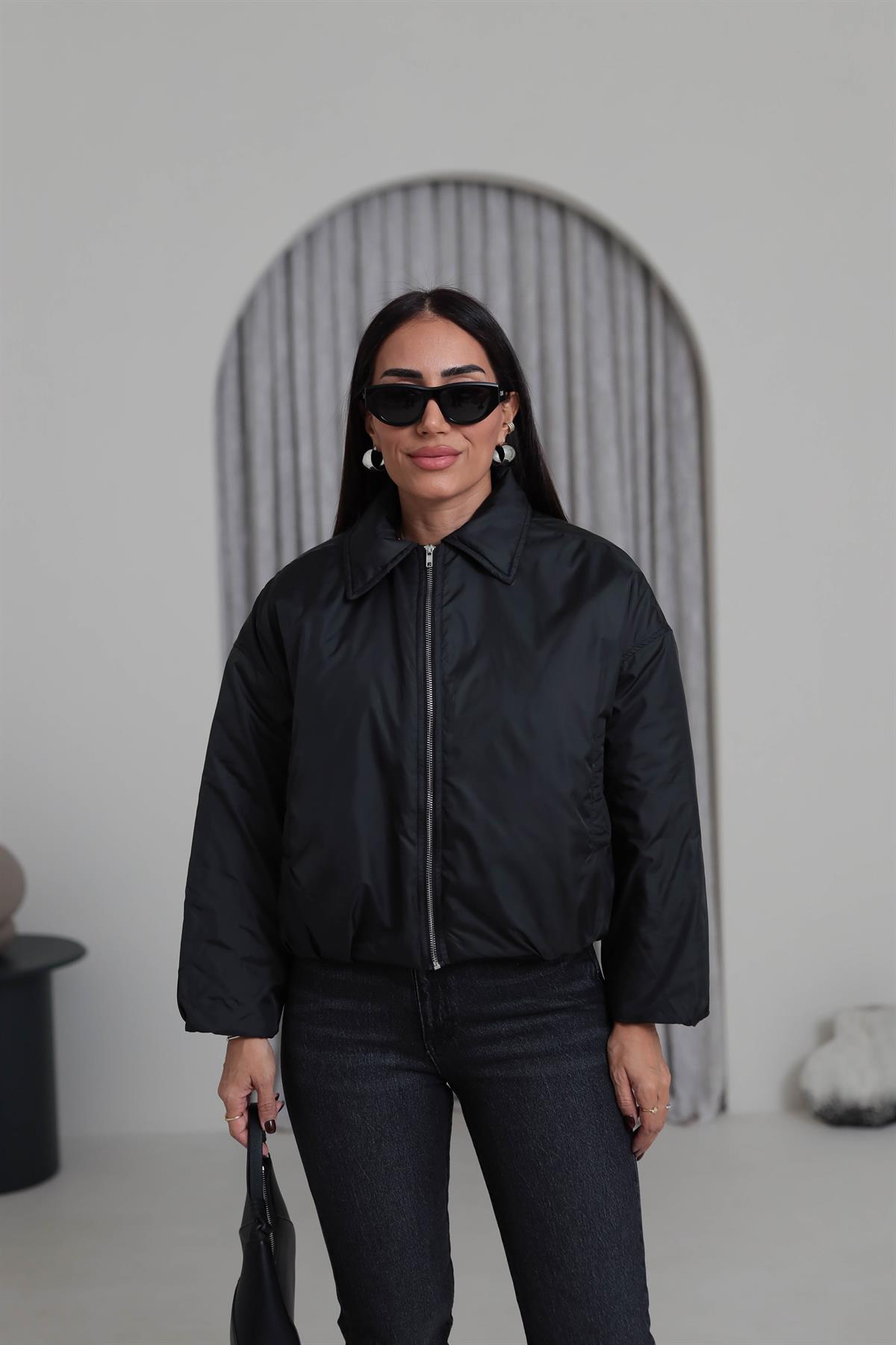 5871 Önden Fermuarlı İçi Kapitone İnce Mont SİYAH