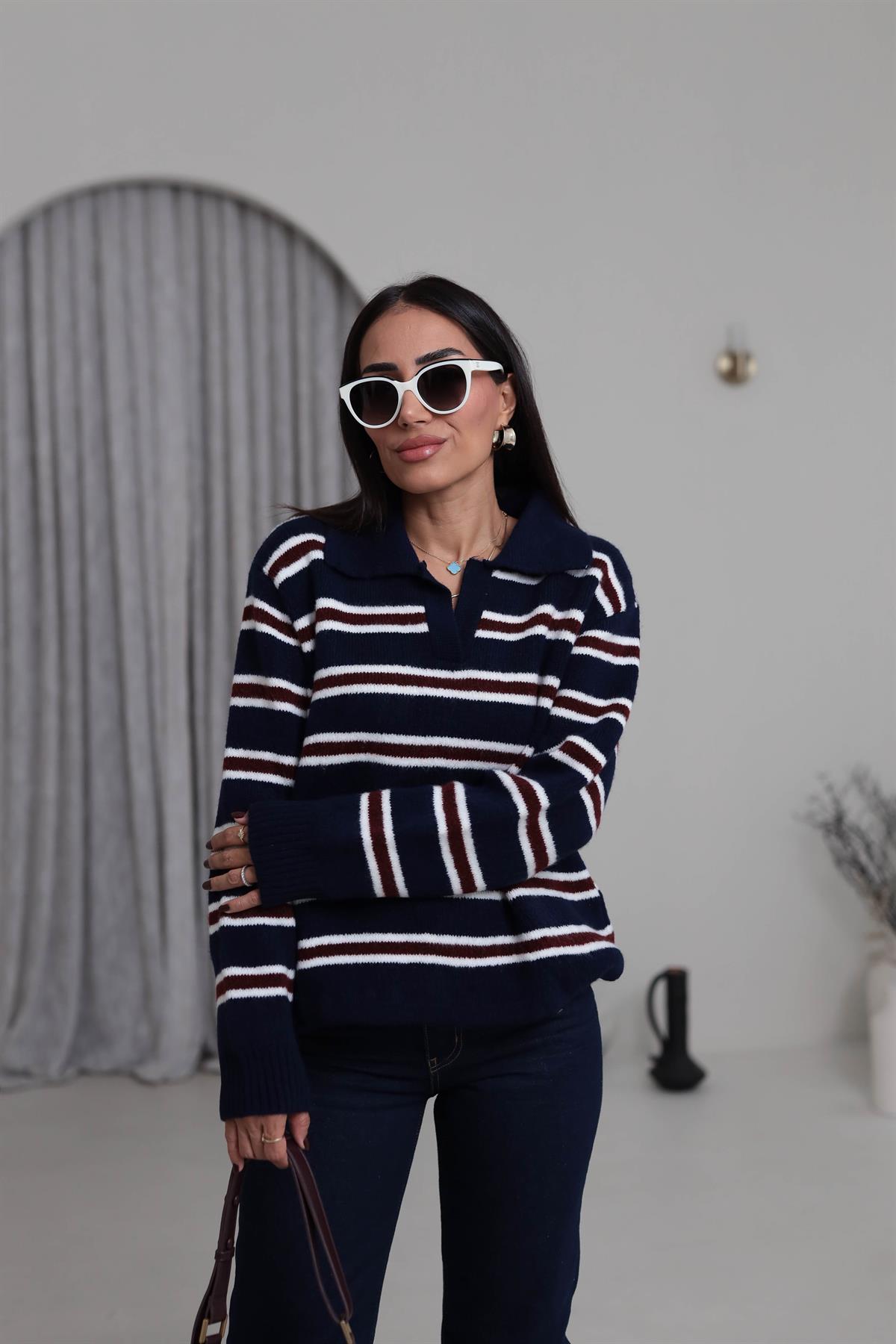 2541 Polo Yaka Çizgili Triko Kazak LACİVERT