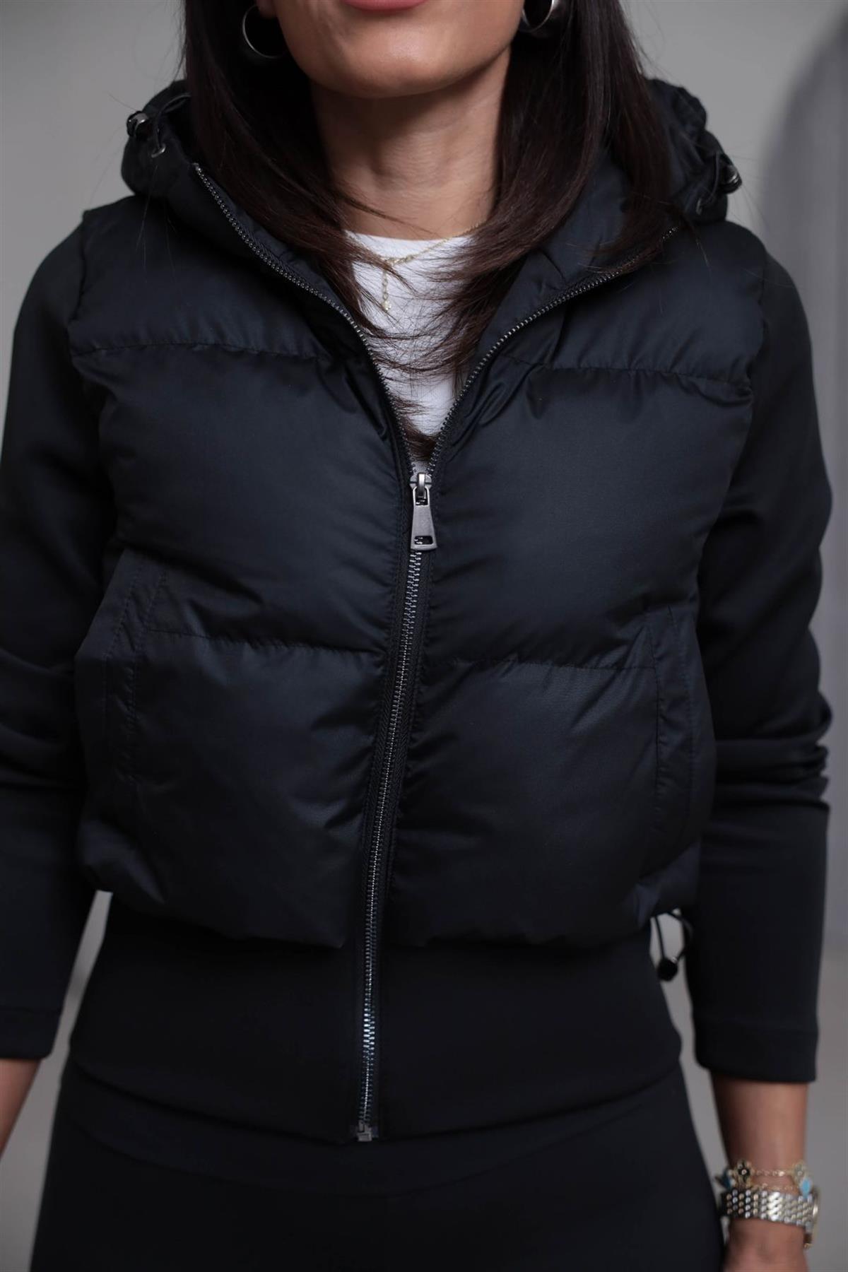 2879 Kol Garnili Kapşonlu Şişme Mont SİYAH