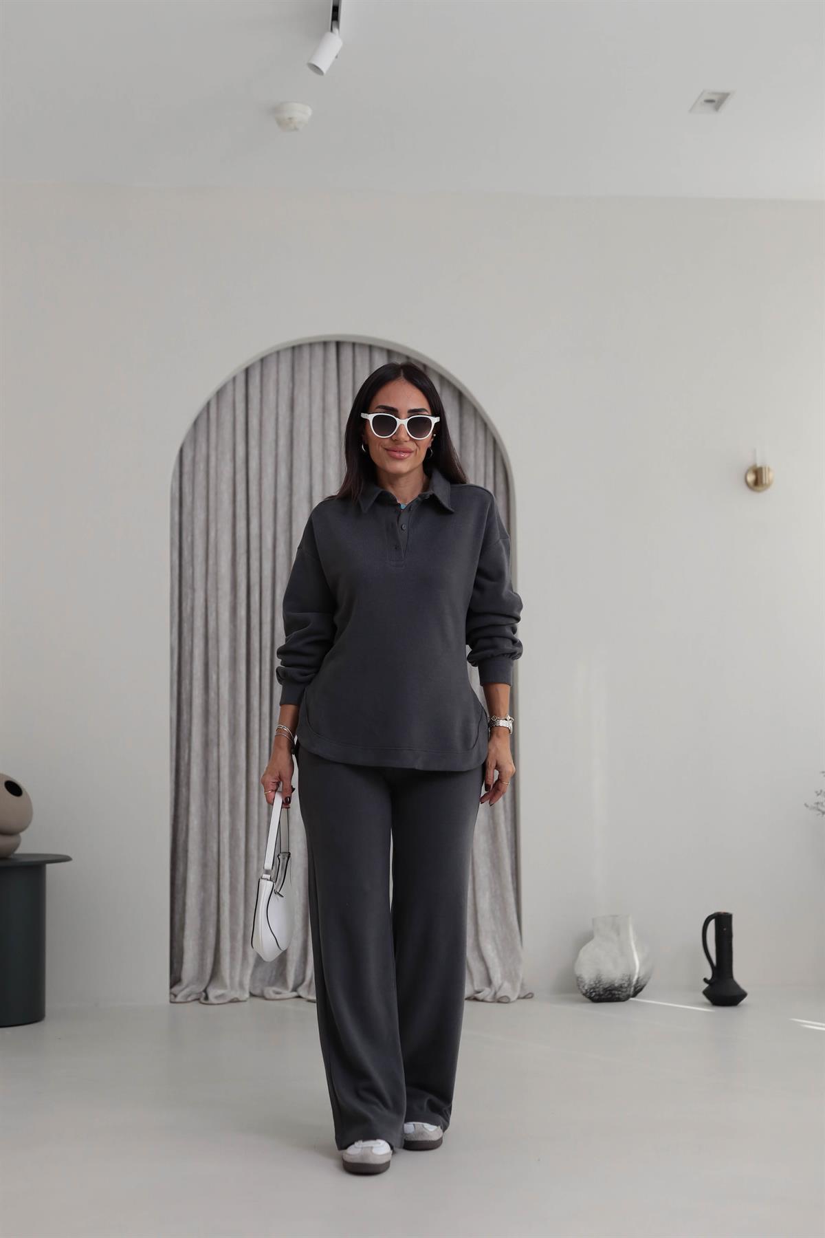 2411 Selanik Polo Yaka Yarım Düğmeli Rahat Takım ANTRASİT